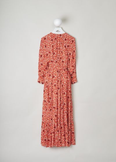 Chloe, Maxi dress in orange adorned with a floral motif, CHC21SRO02331831_831_bubbling_orange, orange, print, back, An oversized maxi length dress. Featuring a white mandarin collar where tiny pleats fall off. The raglan sleeves are wide, long and cuffed with a single button. Further decorating the front is the fastening option in the form of buttons. The skirt is paneled and does flare out.  