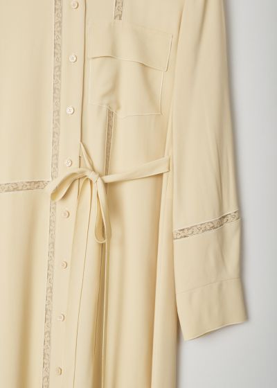 Chloé, Nude coloured shirt dress with lace inlay, CHC21URO39030291_291_light_sand, beige, detail, A gorgeous shirt dress comes in this lovely apricot yellow, featuring a disco collar, long cuffed sleeves and has a ribbon on waist height to give this model a feminine silhouette. A noticeable feature of this model must be the lace inlay which just adds more excitement to this piece.