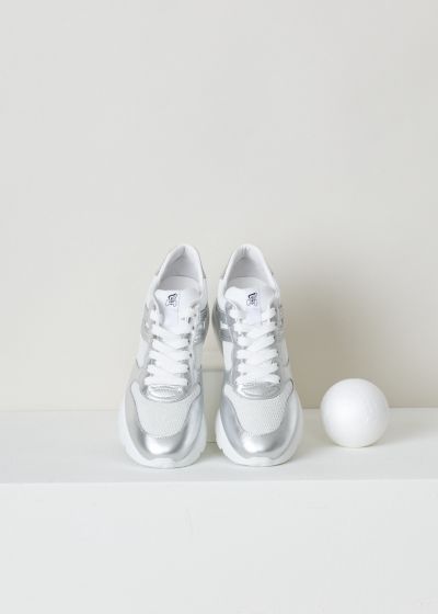 Hogan, Silver and white sneakers, HXW3850BF50NN150351, white, silver, top, Silver and white sneakers feature a panelled look alternating between leather and fabric patches. The model also comes decorated with this brands signature H logo on both sides, and have a small logo adorning the lip. The sole on this model is made chunky and fit the overall style perfectly.