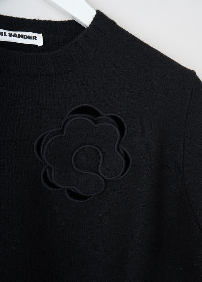 Jil Sander Black boiled wool sweater with floral appliqué