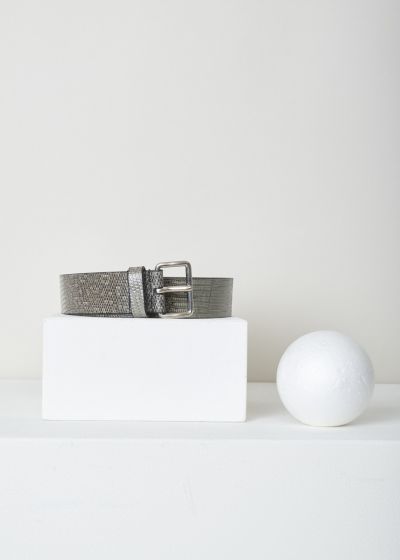 Prada, Croc-embossed belt in grey, lucertola_1CM038_mercurio_F0048, grey, front, A grey strip of leather embossed with a croc-motif and  has a silver-tone buckle. 