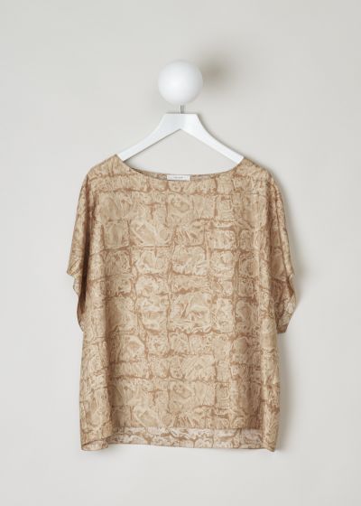 The Row, Brown and beige short sleeved top, lylia_top_4384wi734_dark_ginger, brown, front, A lovely print adorns this top, featuring short sleeves and a round neckline.