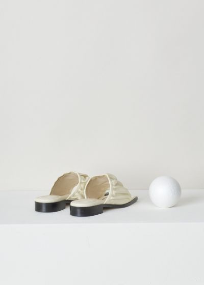 Wandler, Mila gathered-strap slipper in cream, 20208_311201_1039_mila_sandal, beige, back, Made from the softest kind of leather being lambskin, and coloured to cream. Features a gathered-strap, with and open toe. The insole is slightly padded for that extra bit of comfort. 
