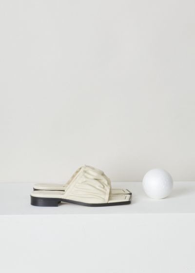Wandler, Mila gathered-strap slipper in cream, 20208_311201_1039_mila_sandal, beige, side, Made from the softest kind of leather being lambskin, and coloured to cream. Features a gathered-strap, with and open toe. The insole is slightly padded for that extra bit of comfort. 
