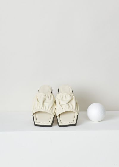 Wandler, Mila gathered-strap slipper in cream, 20208_311201_1039_mila_sandal, beige, top, Made from the softest kind of leather being lambskin, and coloured to cream. Features a gathered-strap, with and open toe. The insole is slightly padded for that extra bit of comfort. 
