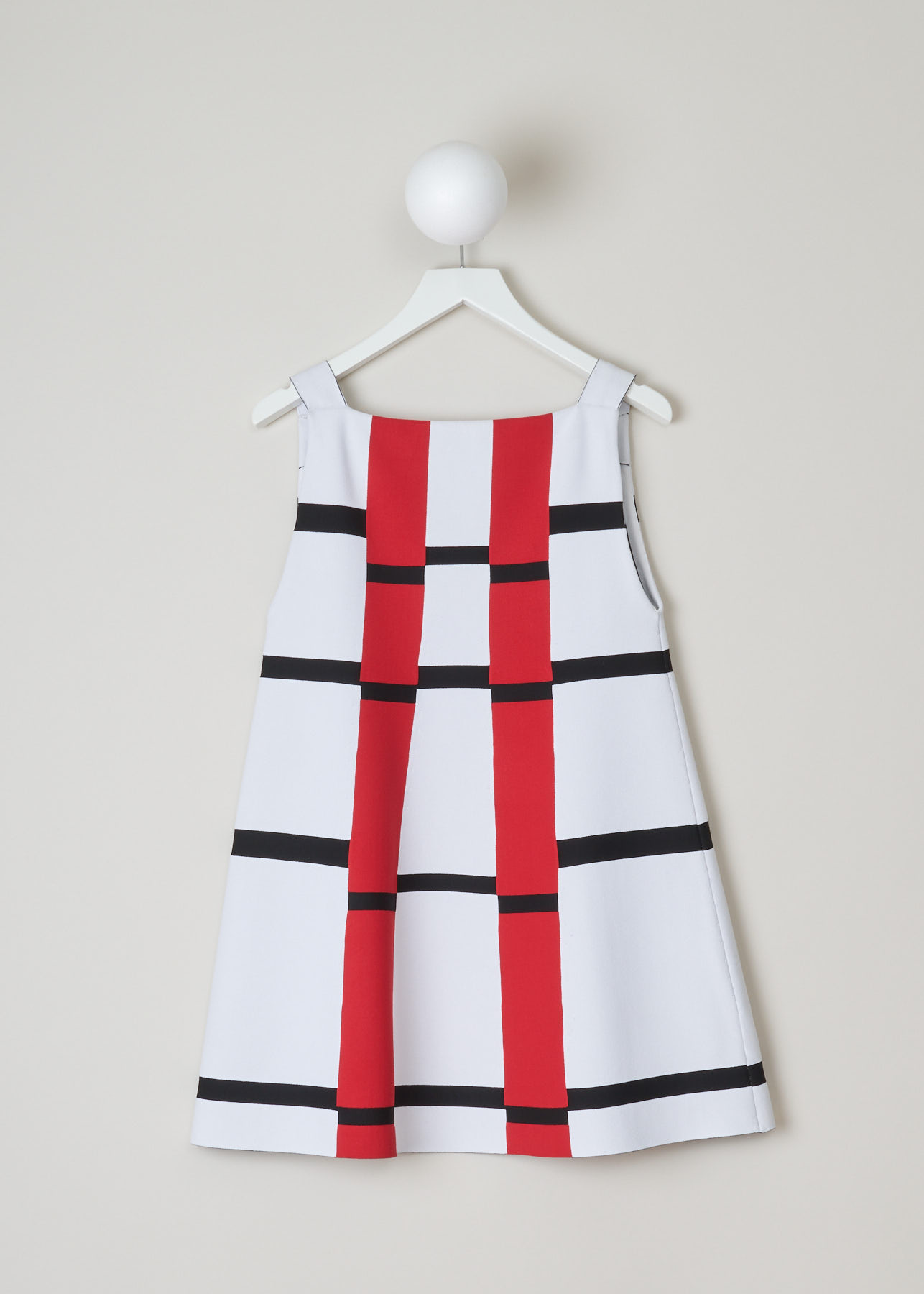 ALAÏA, GEOMETRIC A-LINE TUNIC, 7E9UE24LM327_tunique_sm_mirage_CM00_multico00, Print, White, Red, Back, Knitted A-line tunic in sixties style. The dress is made with a graphic patterned fabric in white, red and black. This model has an elegant, straight neckline, is a slip-on without zip and buttons and come in right under the knee.
