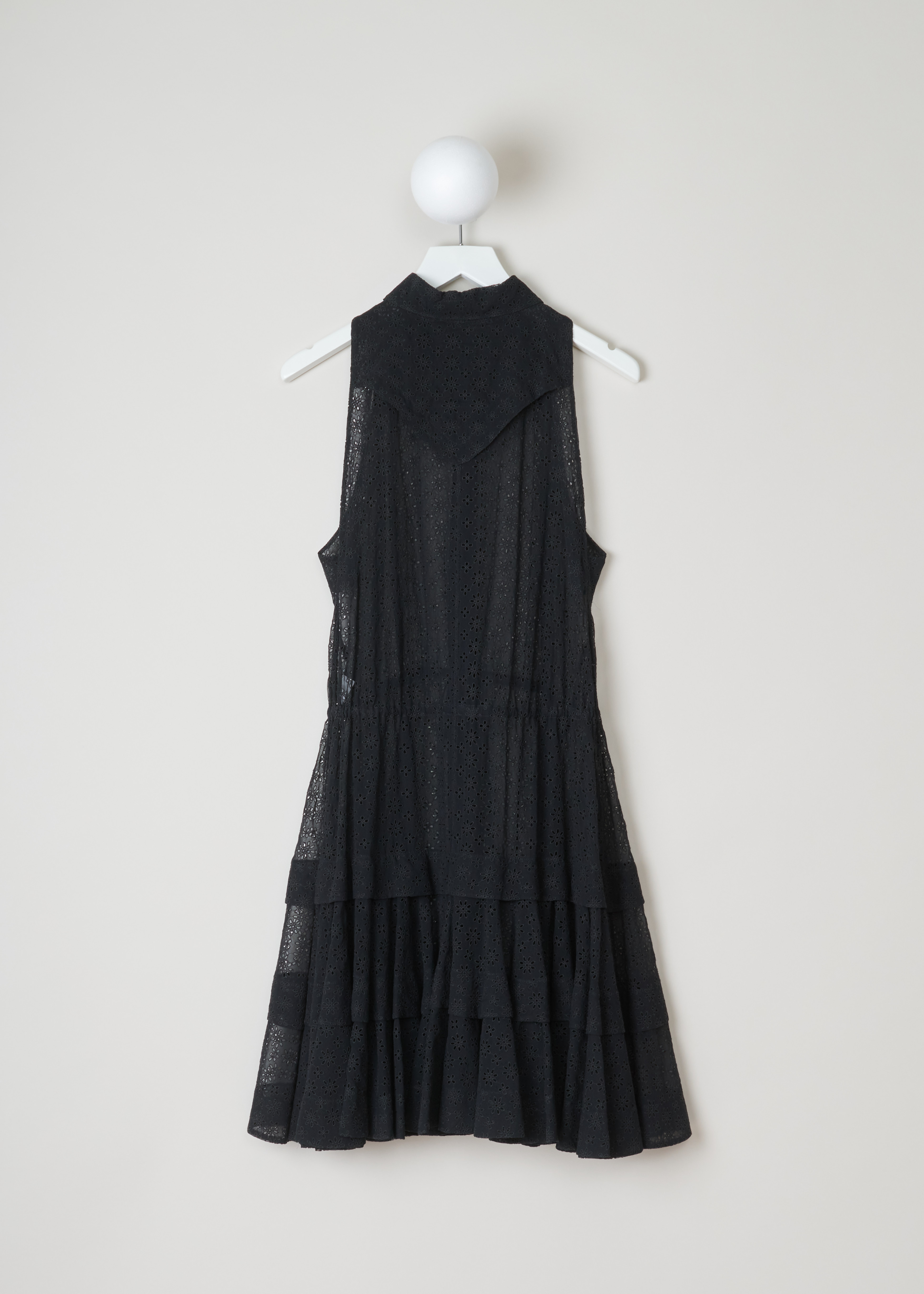 AlaÃ¯a, embroidered blouse dress, 10HPTBD4R296_robe_3_volants_099_noir, black, back. Slightly see-through dress with embroidered floral motive, comes in a blouse dress model. Starting from the top this dress features a pointed collar and a small capelet feature on the back. A cord tunnel on waist height to adjust the waist width and below that the skirt of this dress comes in a layered from. 