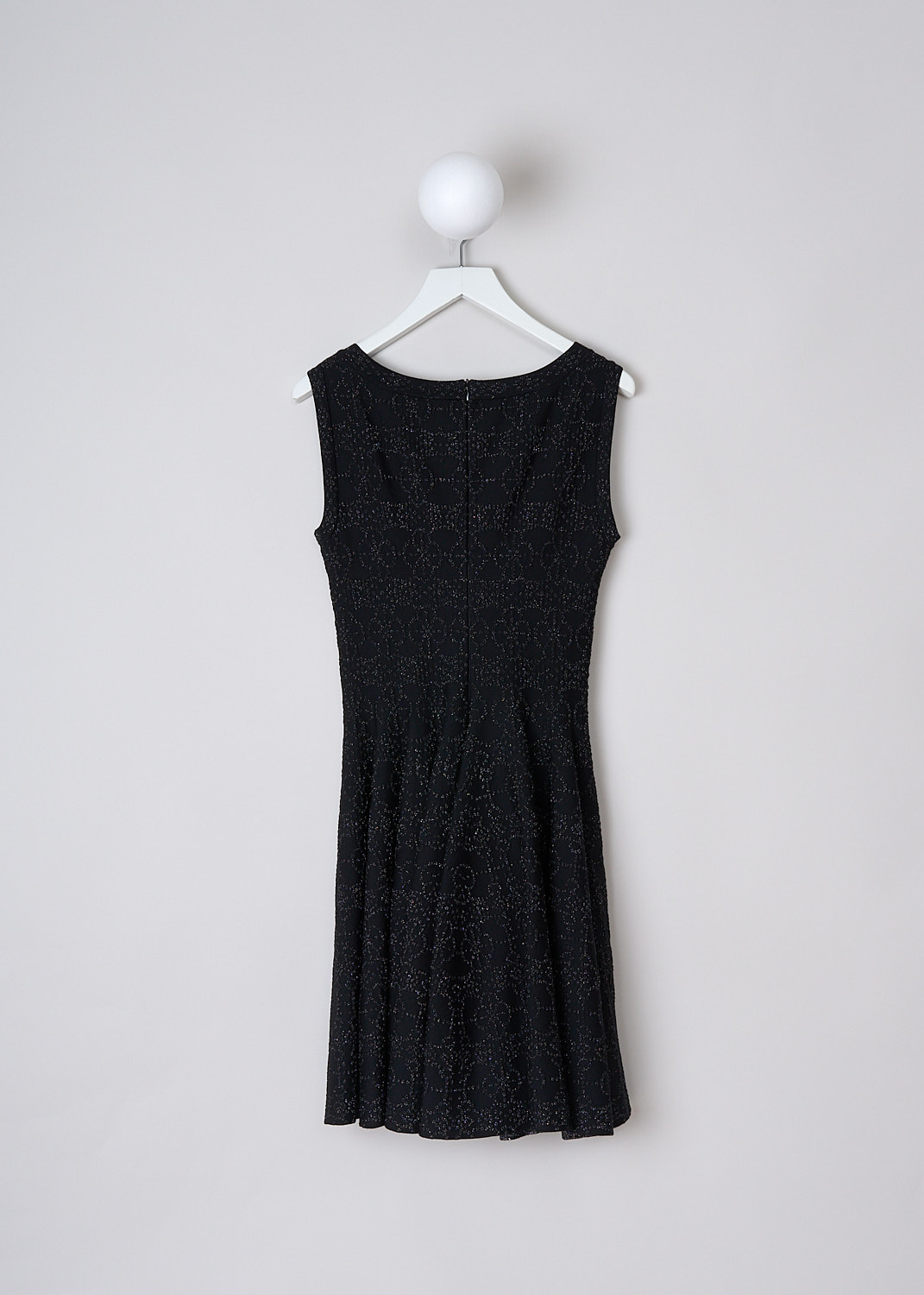 ALAÏA, BLACK FIT-AND-FLARE DRESS WITH SILVER LUREX PATTERN, 3W9R333RM055_C999, Black, Print, Back, This black sleeveless fit-and-flare dress has an all over art-deco pattern in silver lurex yarn. The dress has a straight hemline. In thee back, a concealed centre zip functions as the closure. 
