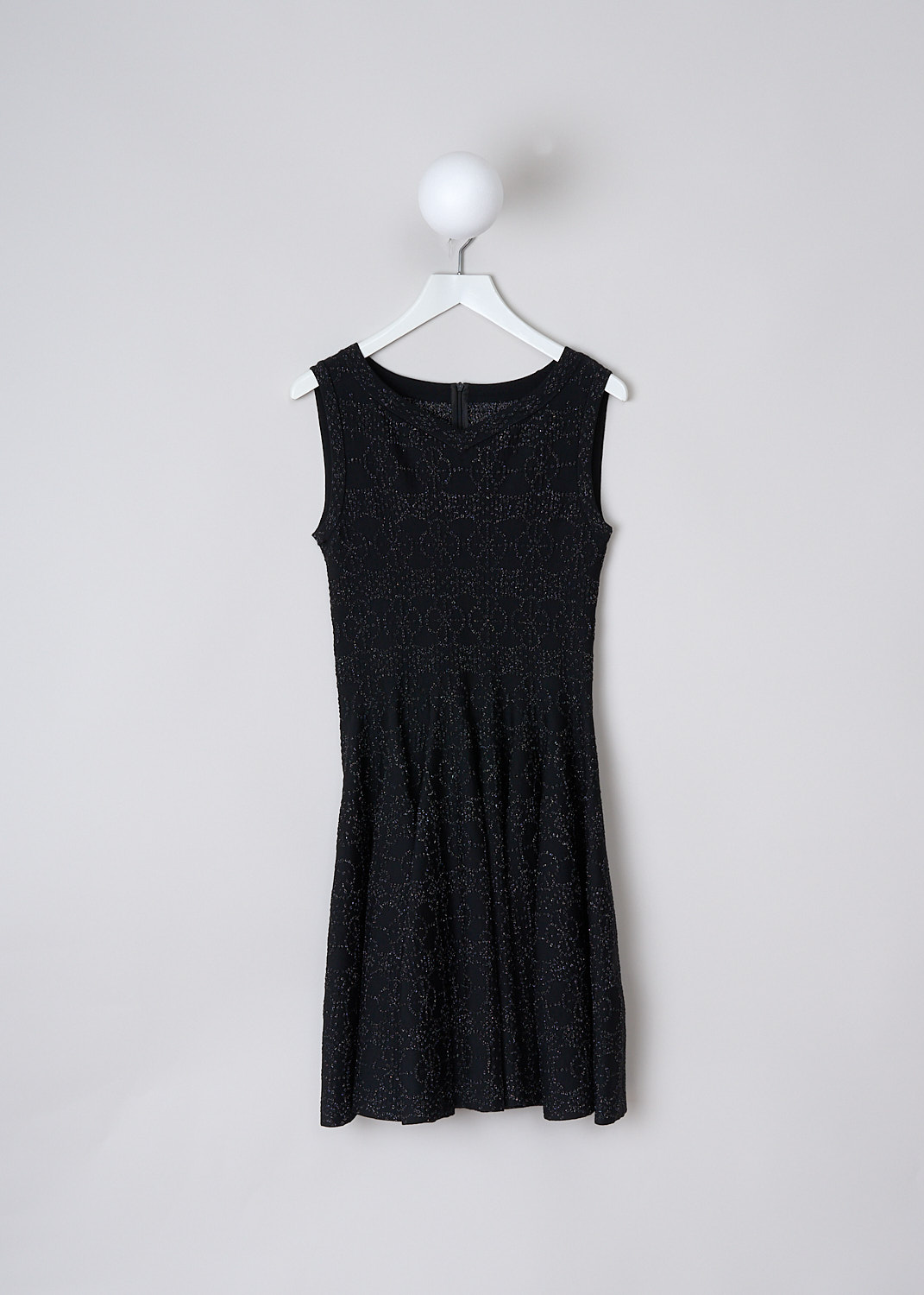 ALAÏA, BLACK FIT-AND-FLARE DRESS WITH SILVER LUREX PATTERN, 3W9R333RM055_C999, Black, Print, Front, This black sleeveless fit-and-flare dress has an all over art-deco pattern in silver lurex yarn. The dress has a straight hemline. In thee back, a concealed centre zip functions as the closure. 
