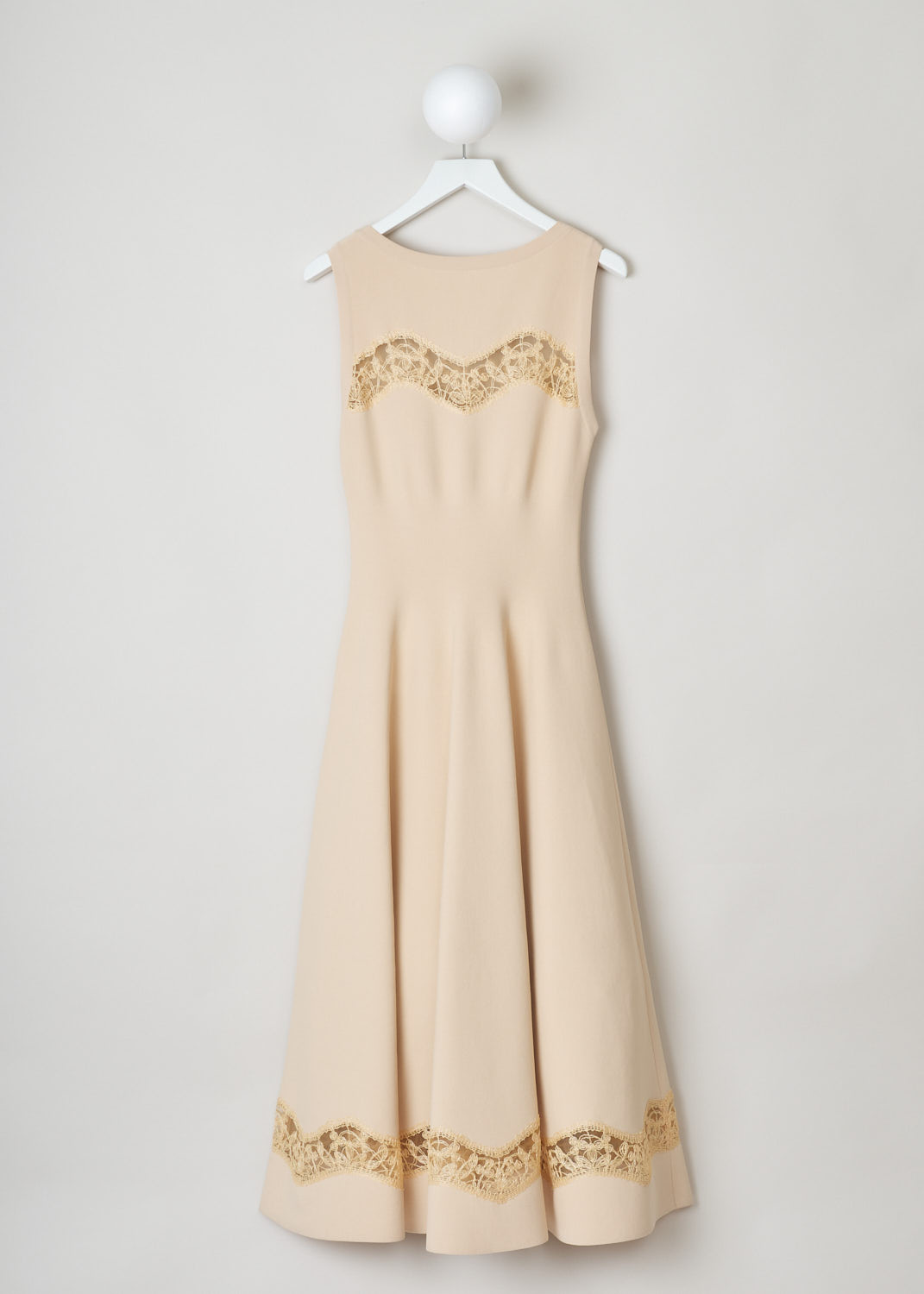 AlaÃ¯a, Max length dress with embroidered detailing, 9E9RM34LM473_robe_SM_raphia_dentelle_C120, beige, back, Max length dress featuring a fitted bodice and a skirt with flowing pleats. This model comes with round neckline and no sleeves. Lovely embroidery decorates the chest and bottom of the dress. Fastening option on this model can be found on the left side of the dress.  