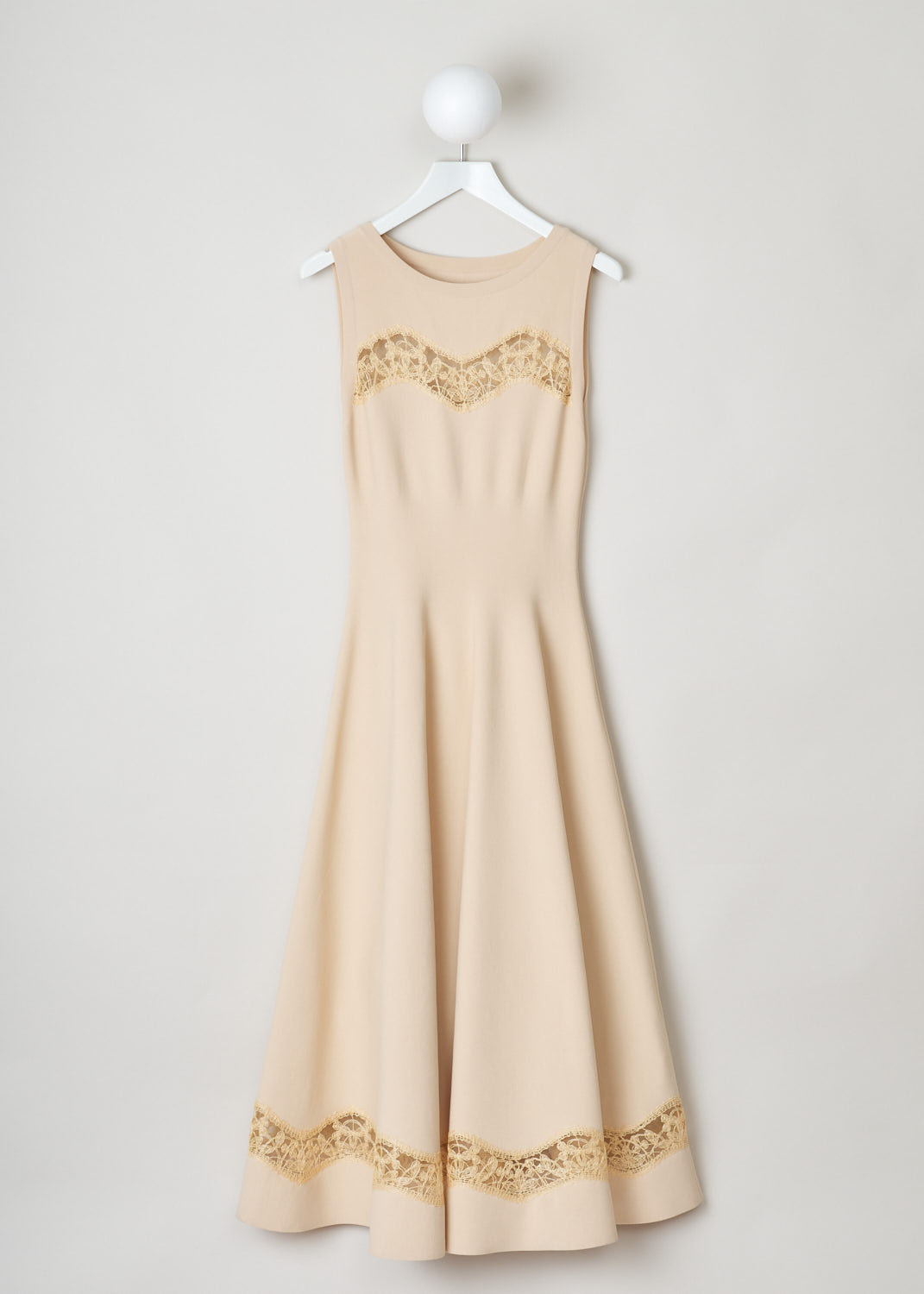 AlaÃ¯a, Max length dress with embroidered detailing, 9E9RM34LM473_robe_SM_raphia_dentelle_C120, beige, front, Max length dress featuring a fitted bodice and a skirt with flowing pleats. This model comes with round neckline and no sleeves. Lovely embroidery decorates the chest and bottom of the dress. Fastening option on this model can be found on the left side of the dress.  