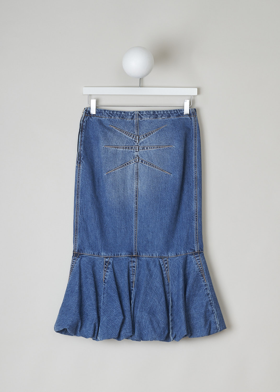 ALAÏA, BLUE DENIM FIT-AND-FLARE SKIRT, AA9J03922T441_BLEU_JEANS, Blue, Back, This blue denim midi skirt has a fit-and-flare silhouette with a broad voluminous trim. A concealed side zip functions as the closure option. In the back, decorative seams can be found. 
