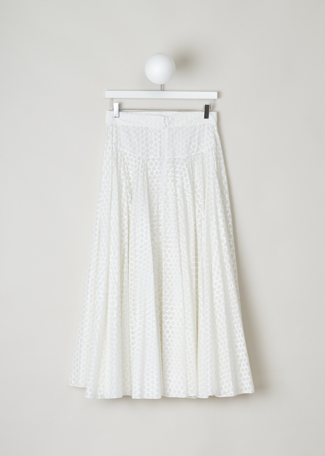 Alaïa, Off-white slightly see-through tulle skirt, AS9J648TT314_C000_blanc, white, back, Made from thinly woven cotton and is slightly see-through, embellished with a white lozenge motif. The length of the skirt comes to about ankle height.