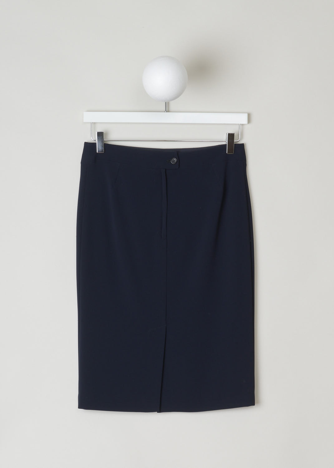 ASPESI, NAVY BLUE PENCIL SKIRT, 2232_2088_10098, Blue. Back, Classic navy blue pencil skirt made from a silky smooth fabric. The skirt has a button and zipper closure in the back. A center slip can also be found in the back.
