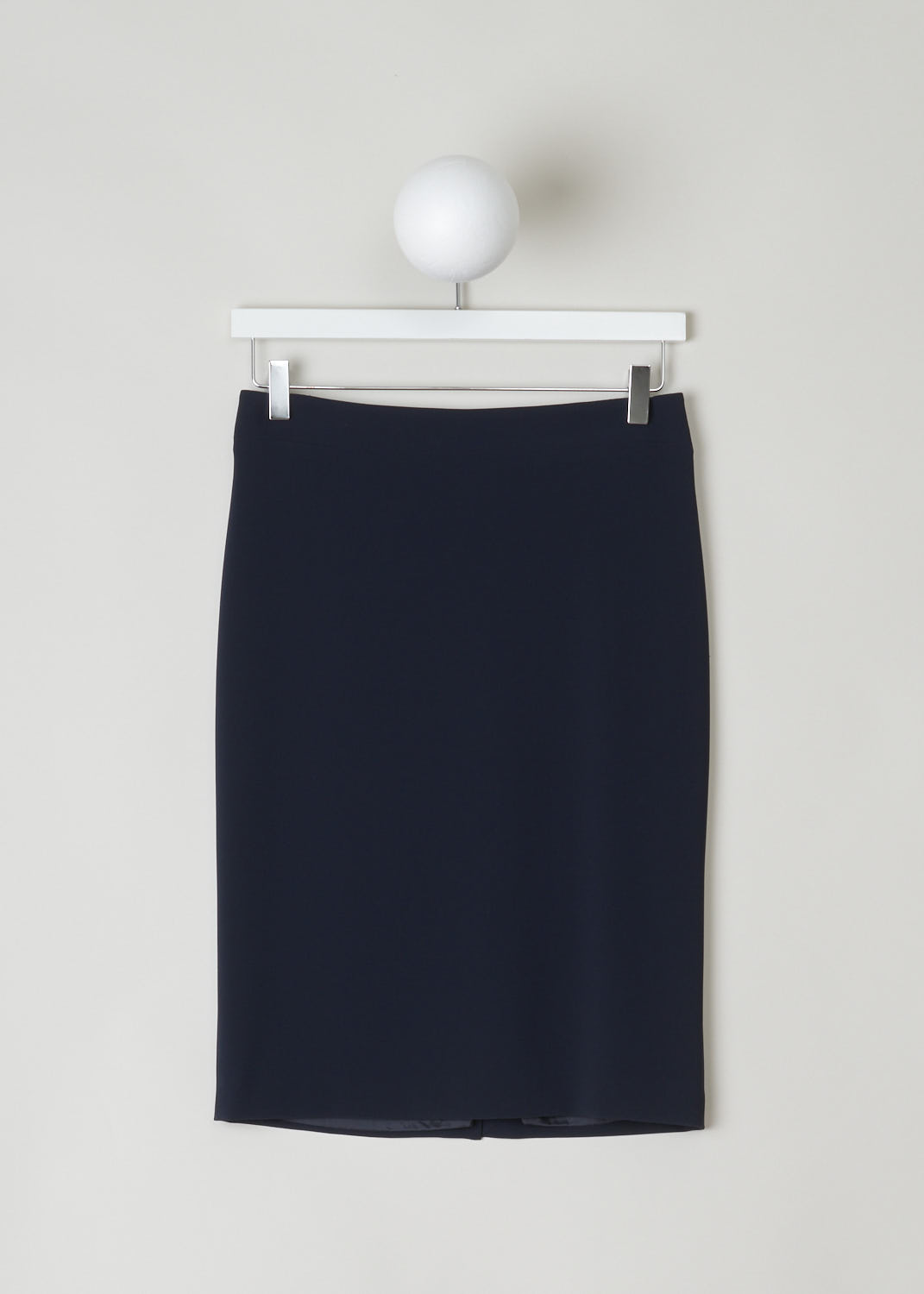 ASPESI, NAVY BLUE PENCIL SKIRT, 2232_2088_10098, Blue. Front, Classic navy blue pencil skirt made from a silky smooth fabric. The skirt has a button and zipper closure in the back. A center slip can also be found in the back.
