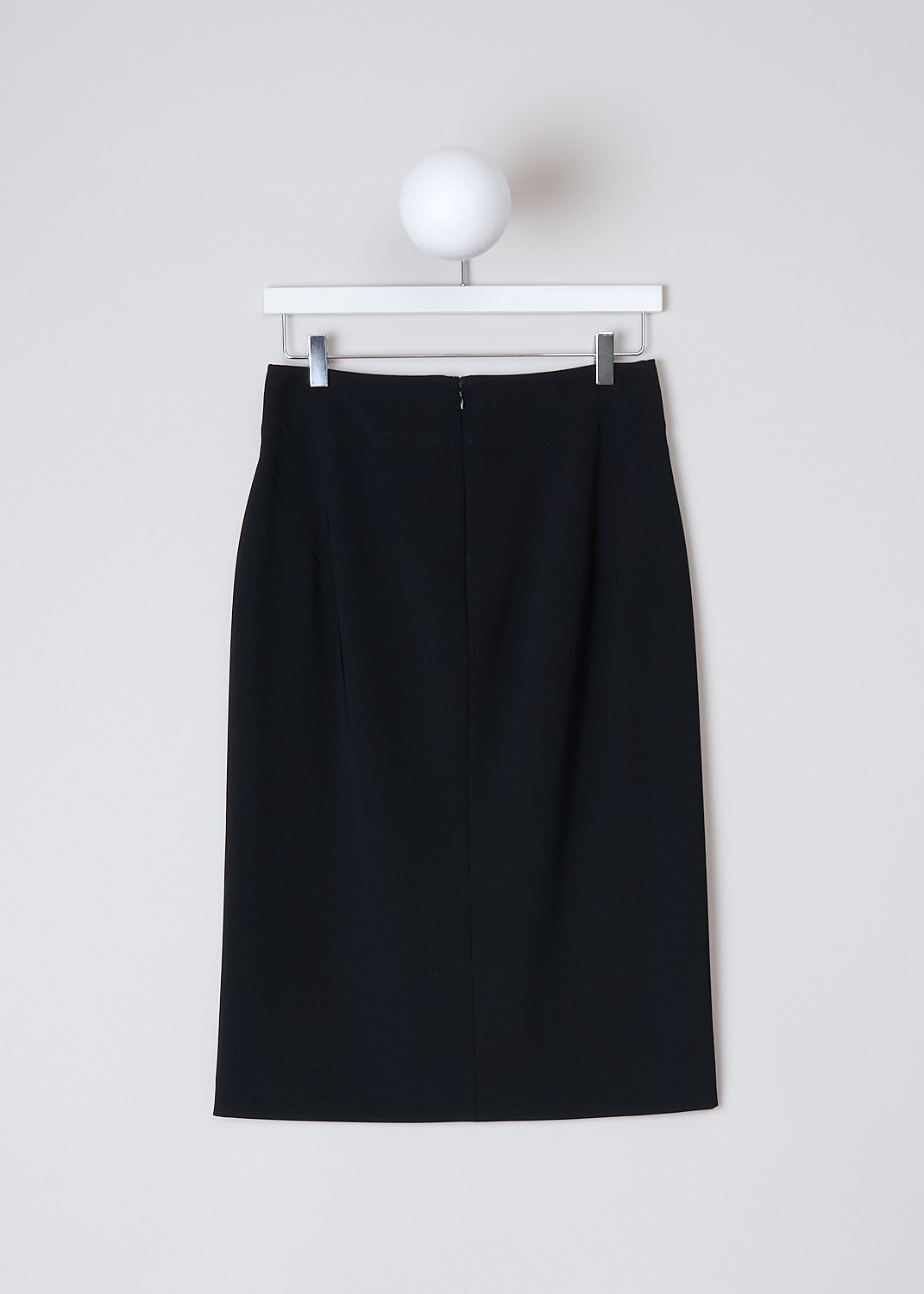 ASPESI, BLACK MIDI PENCIL SKIRT, 2201_A869_05241, Black, Back, This black midi pencil skirt has a broad elasticated waistband. In the back, the skirt has diagonal darts and a concealed centre zip. The skirt has a straight hemline. 
