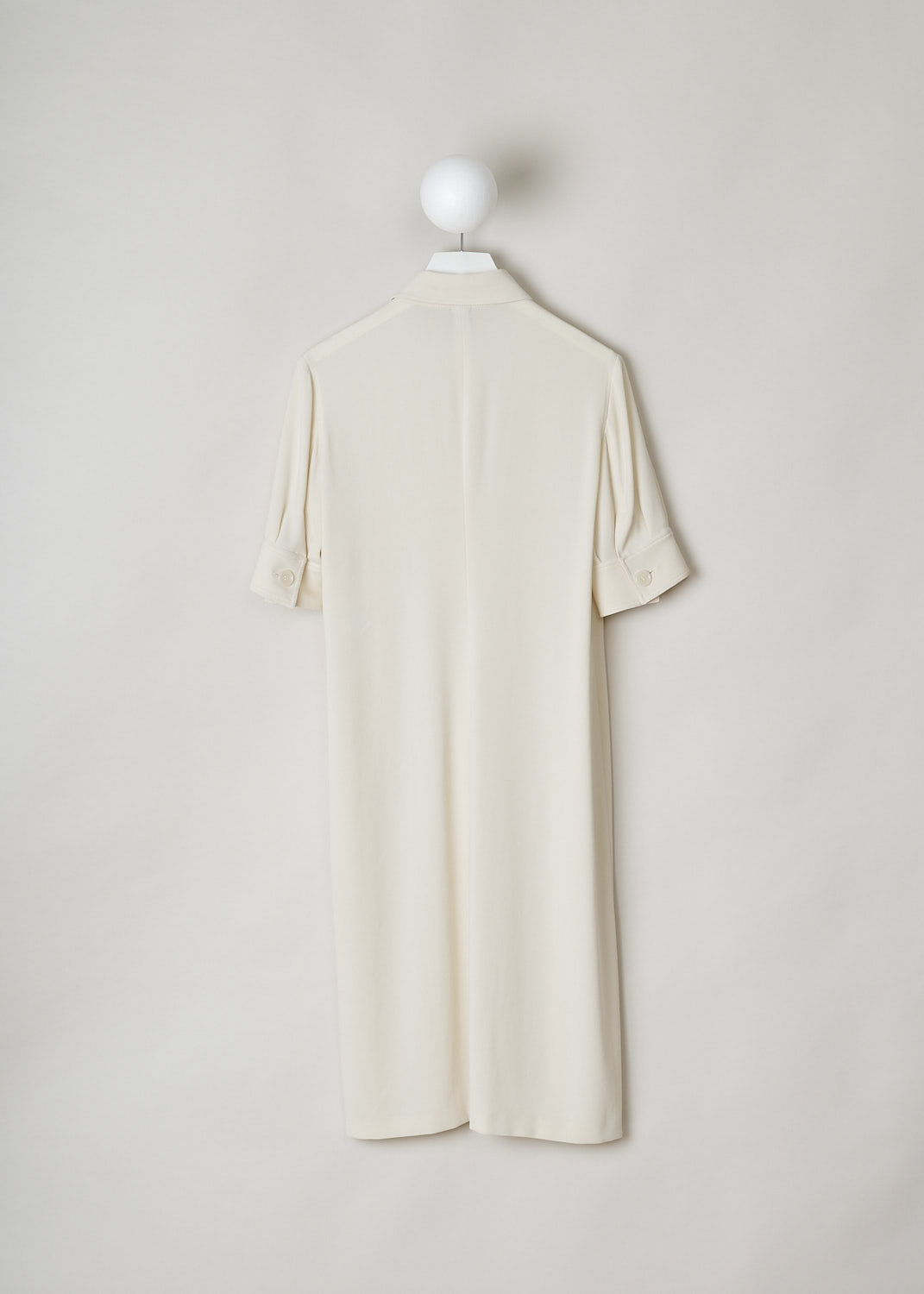 ASPESI, OFF-WHITE MIDI SHIRT DRESS, 2901_2088_10073, White, Beige, Back, This off-white midi shirt dress has a classic collar and a front button closure. The dress has short pleated sleeves with buttoned cuffs. The dress has a straight hemline. In the back, the dress has a centre seam. 
