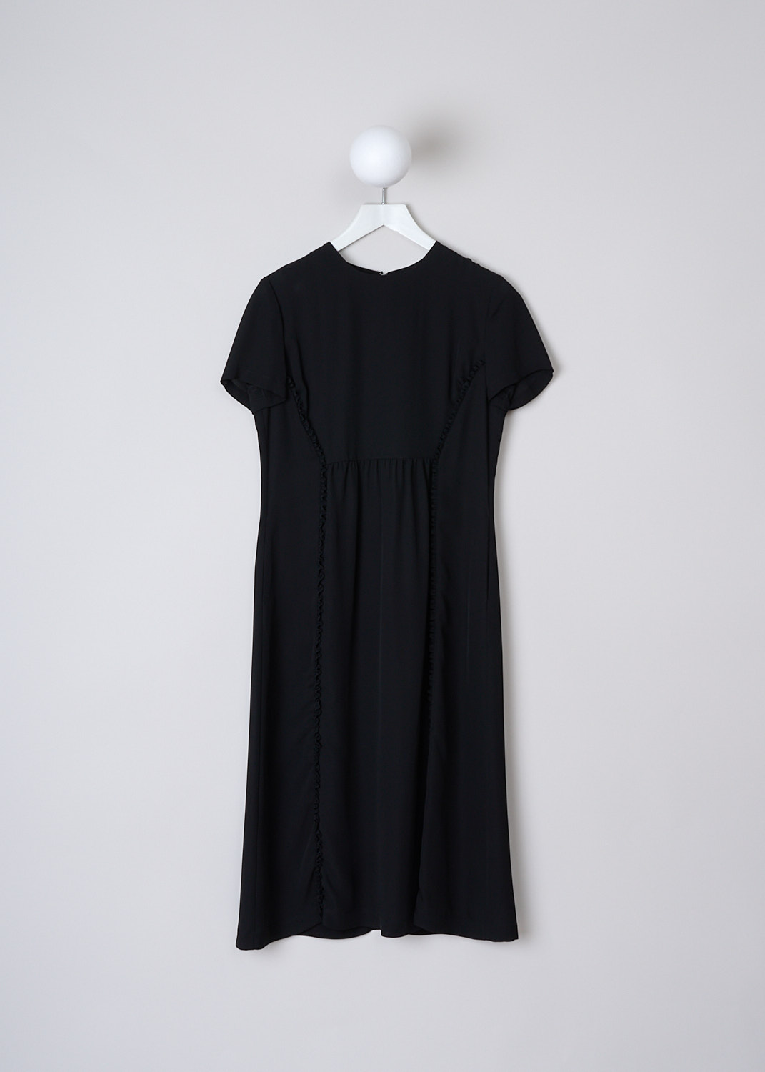 ASPESI, BLACK SHORT SLEEVE MIDI DRESS WITH VERTICAL RUFFLES, 2909_G317_01241, Black, Front, This black midi dress has a round neckline and short sleeves. In the front, the dress has vertical ruffled trims. Slanted pockets are concealed in the side seams. The dress has a straight hemline. In the back, the centre zip is concealed behind a ruffled trim. 


