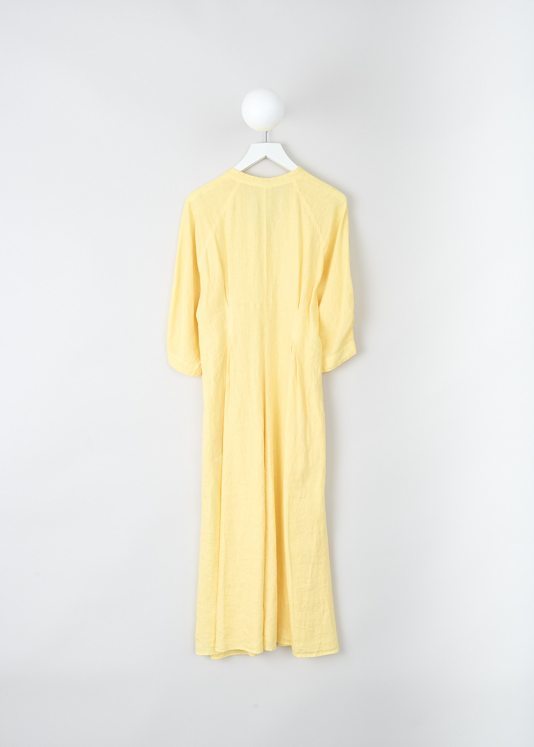 Aspesi, Yellow linen midi dress, 2905_C195_85155, Yellow, Back, This yellow midi dress has a V-neckline and three-quarter sleeves. The dress is fitted at the waist with a flared midi skirt.
