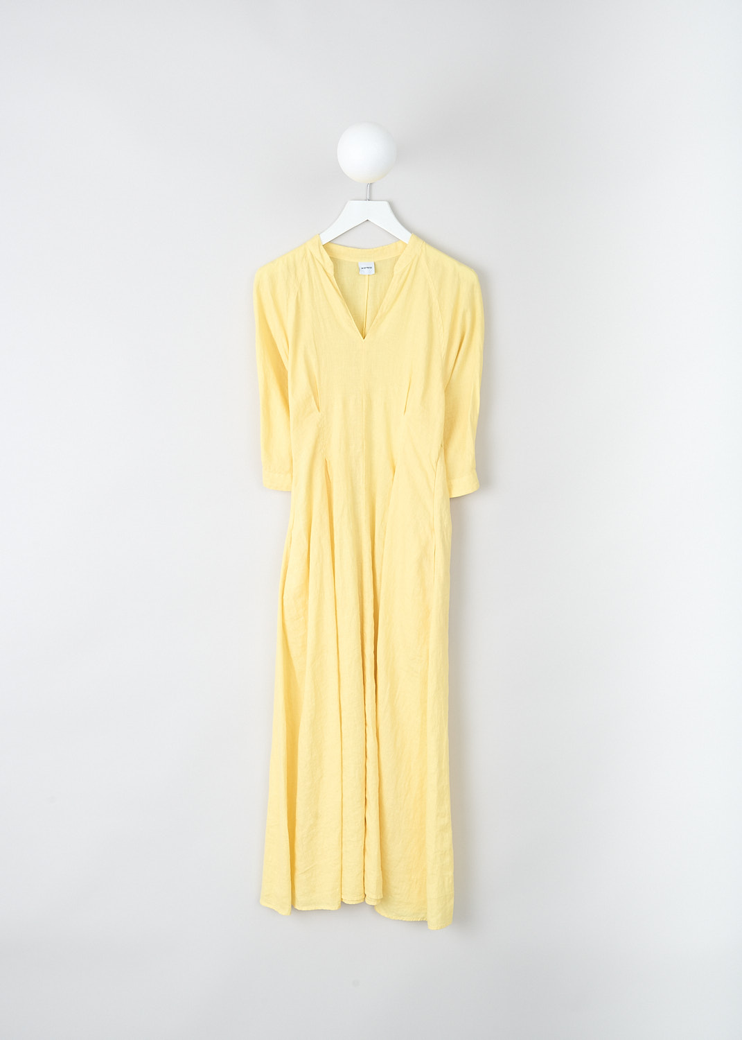 Aspesi, Yellow linen midi dress, 2905_C195_85155, Yellow, Front, This yellow midi dress has a V-neckline and three-quarter sleeves. The dress is fitted at the waist with a flared midi skirt.
