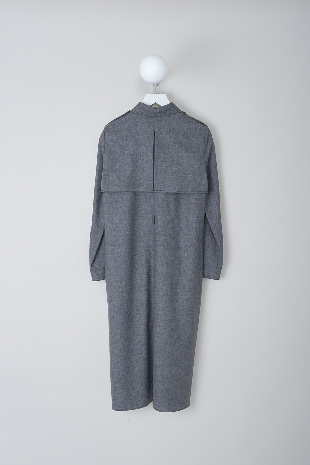 ASPESI, GREY WOOL SHIRT DRESS, 2902_L629_01190, Grey, Back, This grey wool-blend shirt dress has a classic collar and a button placket in the front that goes down to the hemline. The long sleeves have buttoned cuffs. The dress has epaulettes on the shoulders and a storm shield front. The dress has small belt loops and slanted pockets are concealed in the side seam. The dress has a straight hemline. In the back, the dress has a storm shield with an inverted pleat. 
