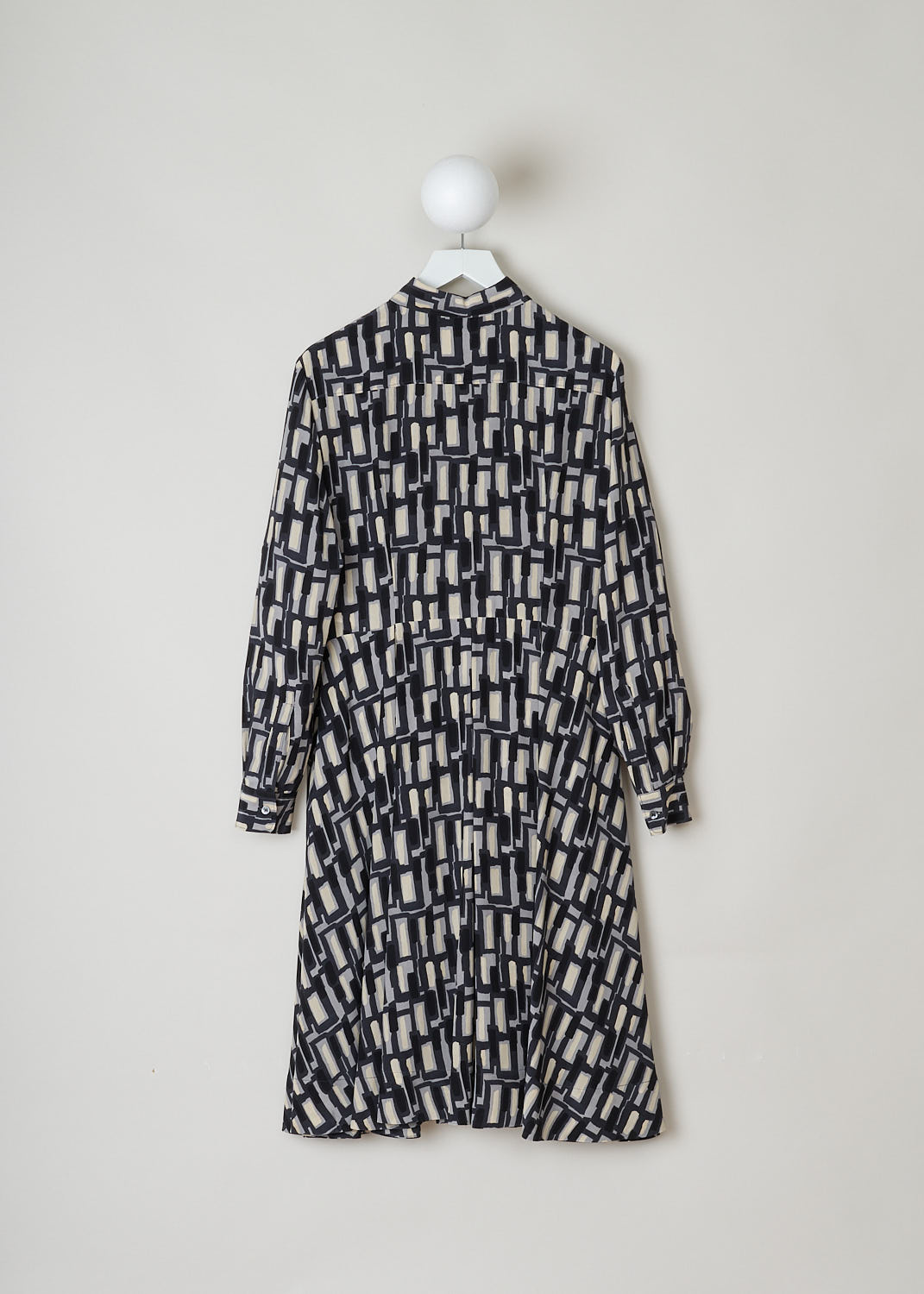 ASPESI, SILK PRINTED MIDI DRESS, 2938_V126_66173, Print, Back, This long sleeve dress has a geometric print in black, grey and off-white hues. The dress features a pointed collar, a row of button up to the waistband, concealed slanted pockets and a pleated skirt that reaches to below the knee. 

