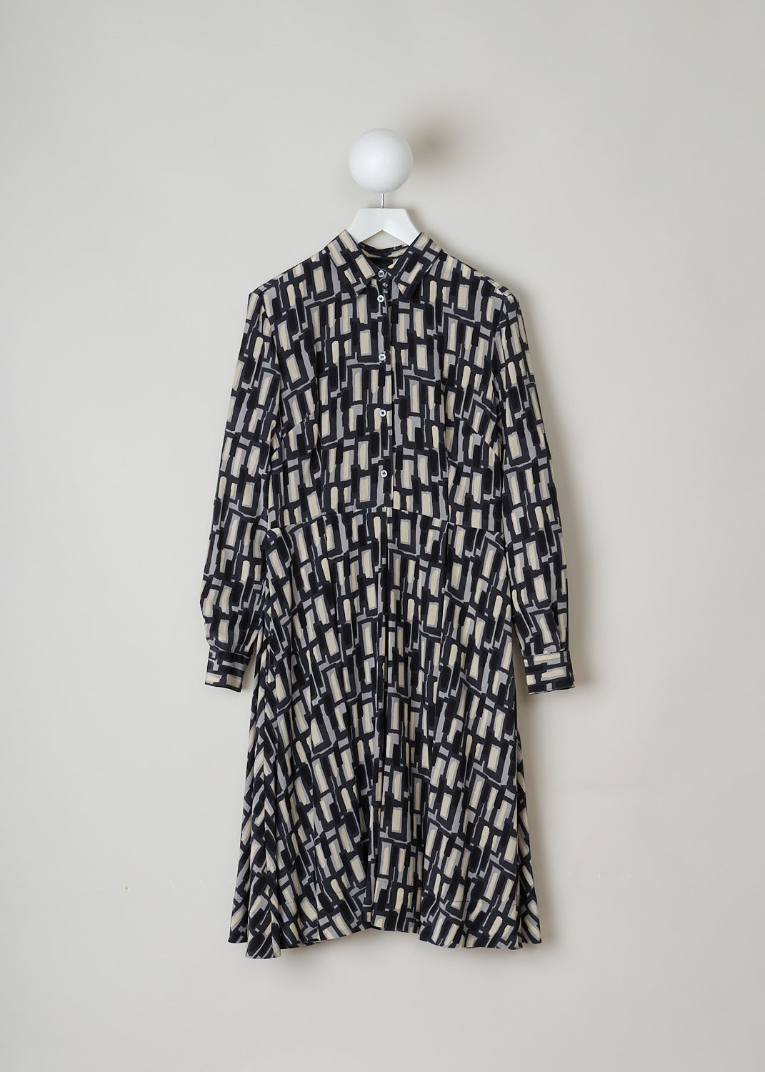 ASPESI, SILK PRINTED MIDI DRESS, 2938_V126_66173, Print, Front, This long sleeve dress has a geometric print in black, grey and off-white hues. The dress features a pointed collar, a row of button up to the waistband, concealed slanted pockets and a pleated skirt that reaches to below the knee. 

