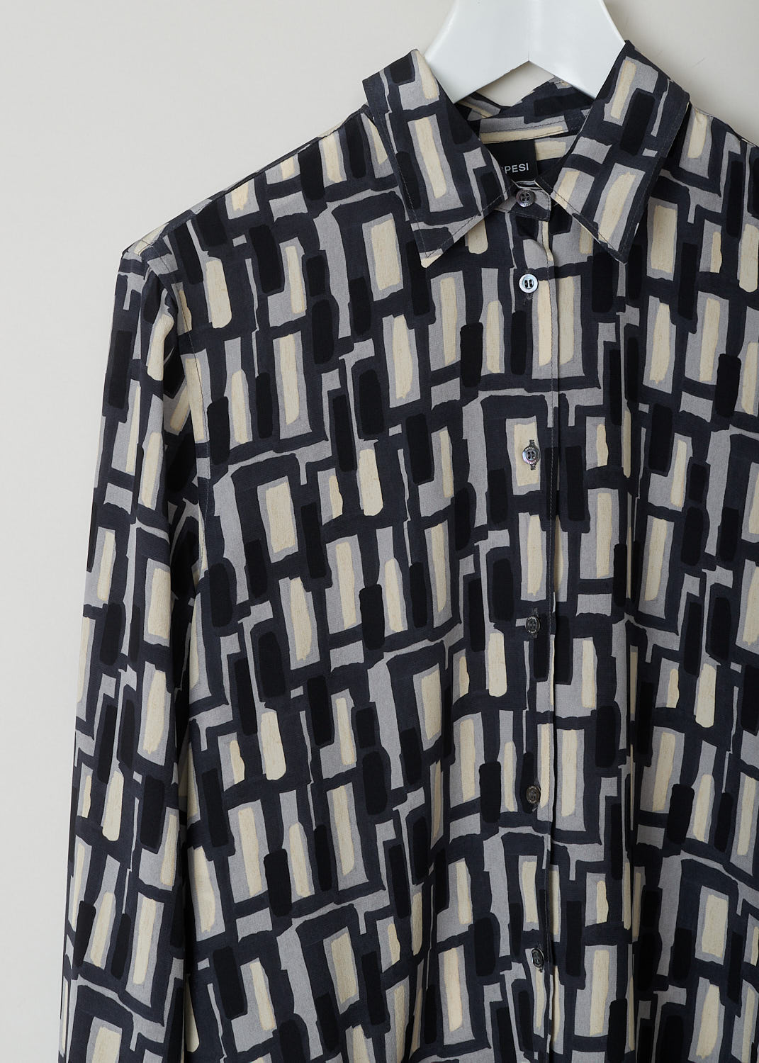 ASPESI, SILK PRINTED BLOUSE, 5422_V126_66173, Print, Detail, This long sleeved blouse has a geometric print in black, grey and off-white hues. The blouse has a classic collar, front button closure and an asymmetric finish, meaning the back is slightly longer than the front. 

