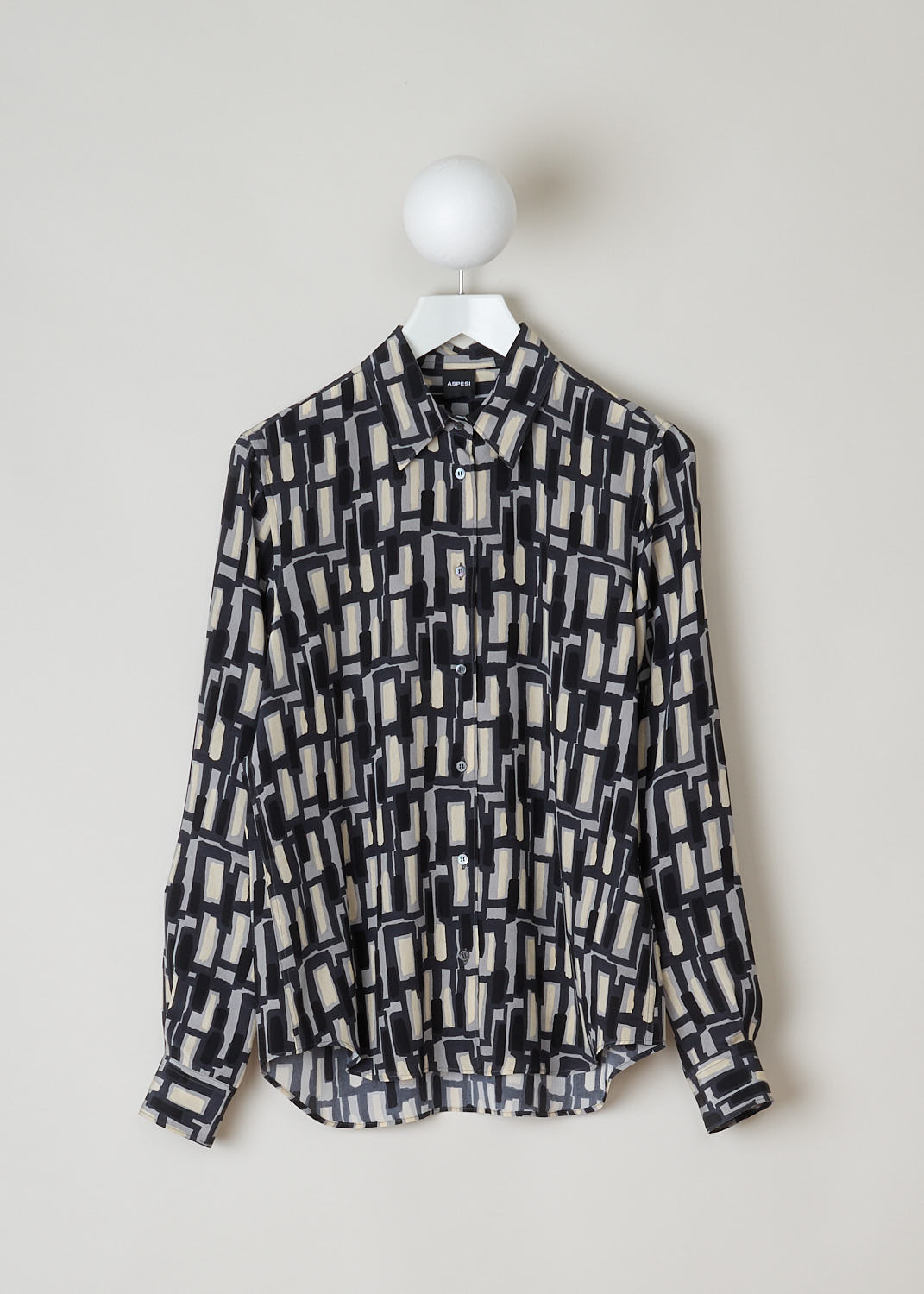 ASPESI, SILK PRINTED BLOUSE, 5422_V126_66173, Print, Front, This long sleeved blouse has a geometric print in black, grey and off-white hues. The blouse has a classic collar, front button closure and an asymmetric finish, meaning the back is slightly longer than the front. 
