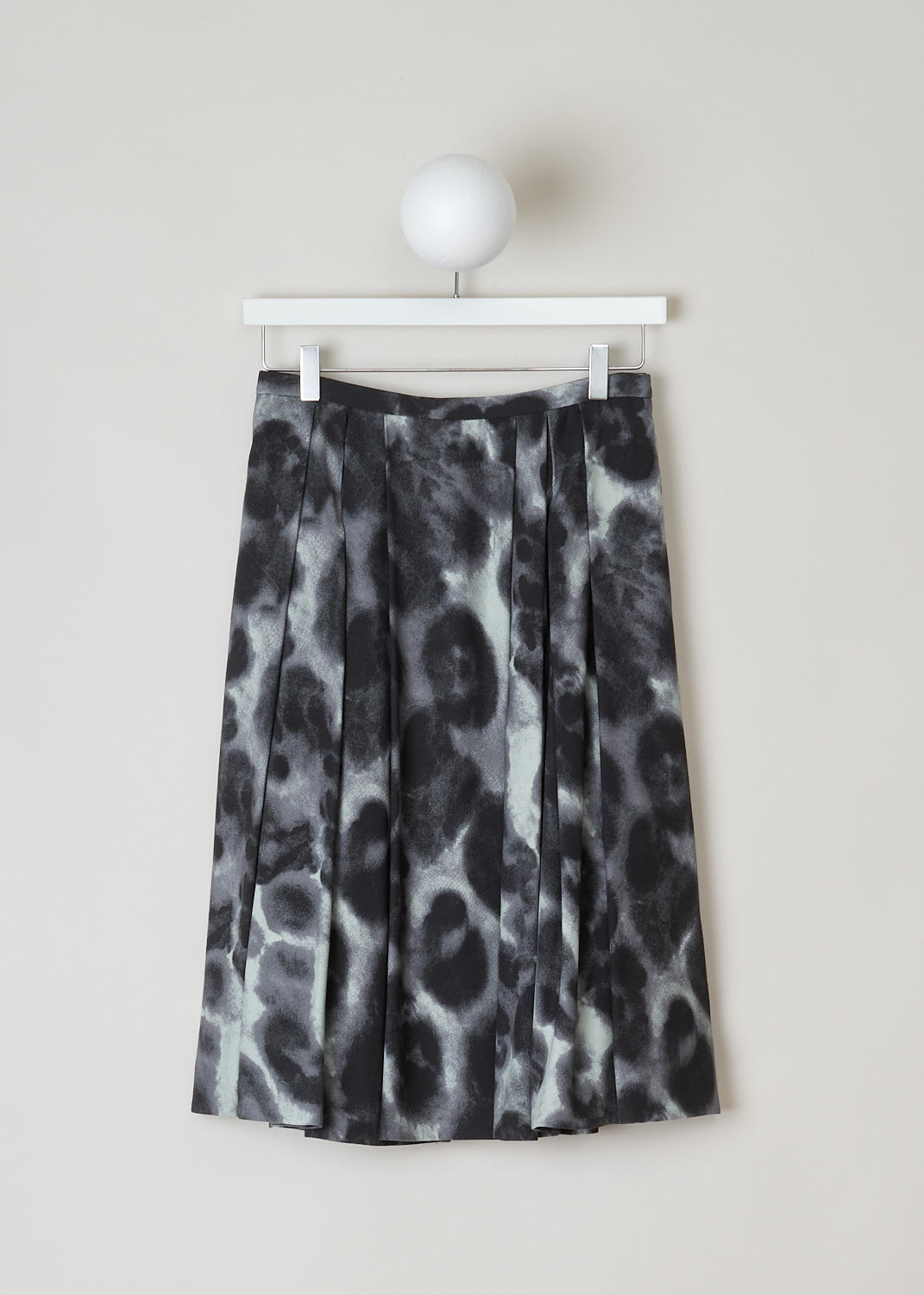 ASPESI, FADED ANIMAL PRINT SKIRT, 2217_V129_02189, Black, Print, Front, This pleated midi skirt has a faded animal print. This skirt is fully lined and has a button and concealed side zip closure. 
