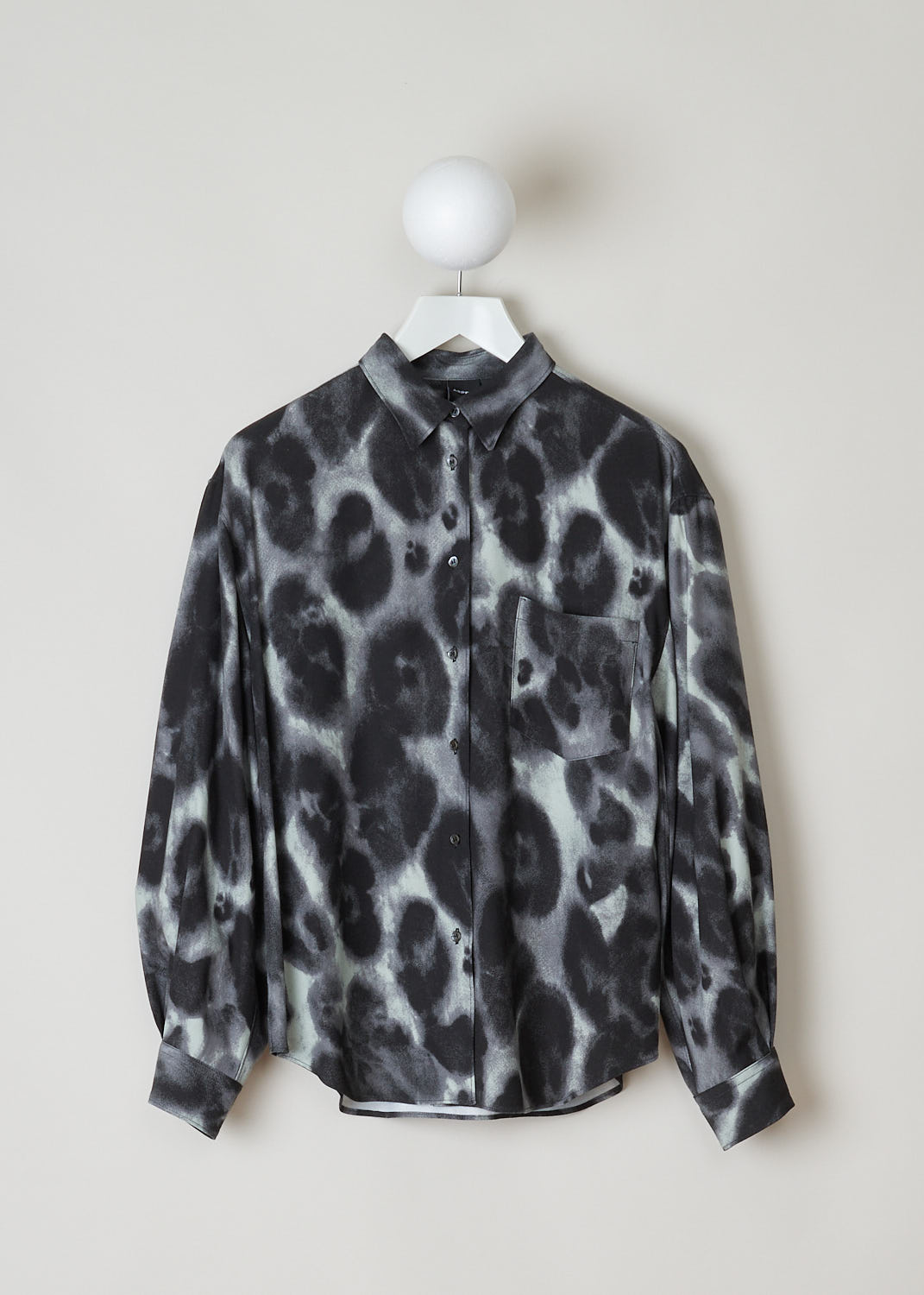 ASPESI, FADED ANIMAL PRINT BLOUSE, 5427_V129_02189, Grey, Print, Front, This long sleeved blouse features a faded animal print. The blouse has a classic collar, a single breast pocket, front button closure and a rounded hemline.
