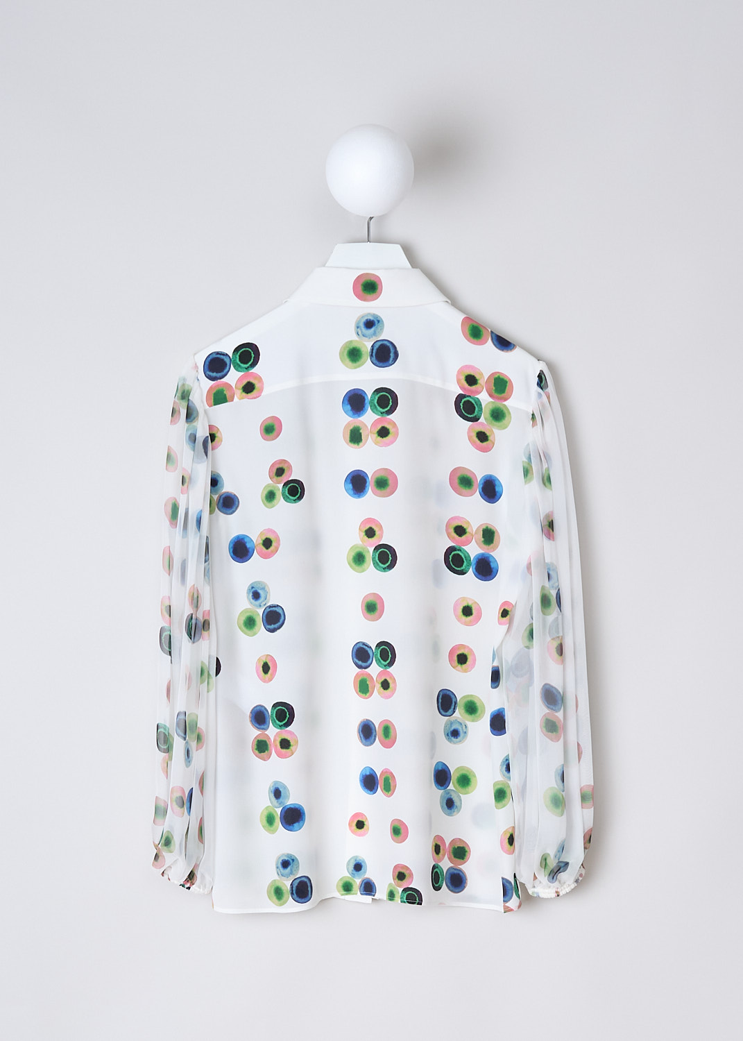 CHLOÉ, WHITE SILK BLOUSE WITH MULTICOLOR DOT PRINT, CHC23UHT373019CA_MULTICOLOR_1, White, Print, Pink, Back, This white silk blouse has a multicolored dot-print throughout. The blouse has a pointed collar and a concealed front button closure. The sheer balloon sleeves have gathered elasticated cuffs. The blouse has a straight hemline. 
