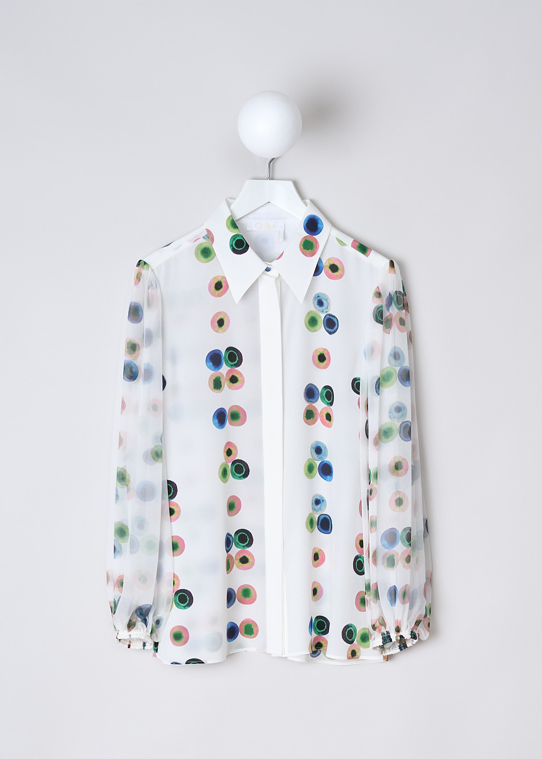 CHLOÉ, WHITE SILK BLOUSE WITH MULTICOLOR DOT PRINT, CHC23UHT373019CA_MULTICOLOR_1, White, Print, Pink, Front, This white silk blouse has a multicolored dot-print throughout. The blouse has a pointed collar and a concealed front button closure. The sheer balloon sleeves have gathered elasticated cuffs. The blouse has a straight hemline. 
