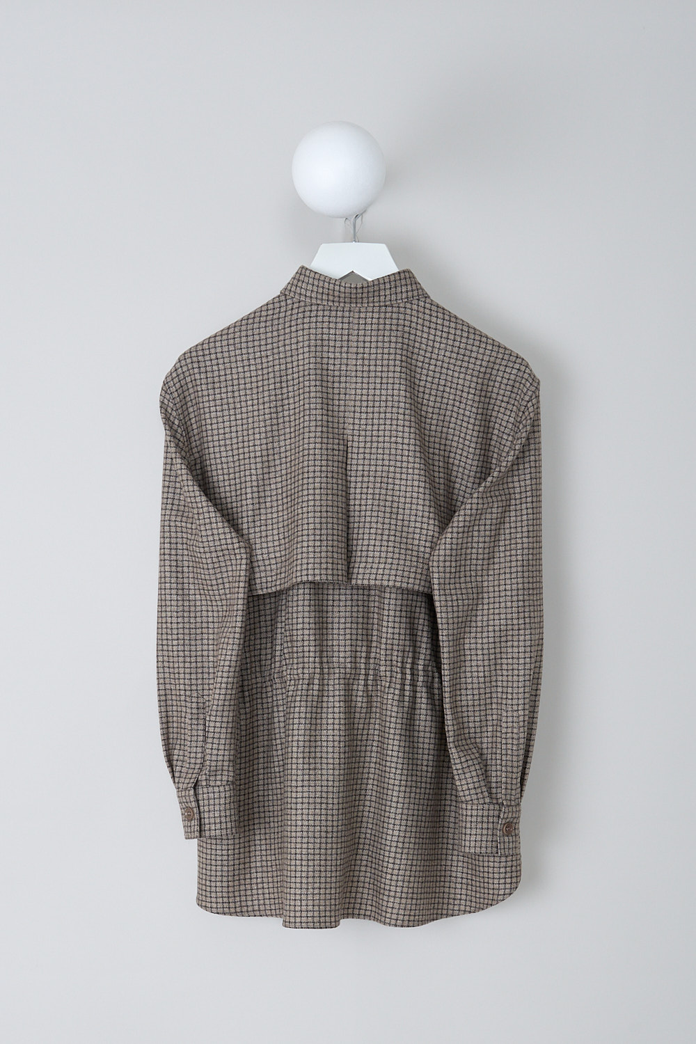 ASPESI, BROWN CHECKERED BLOUSE WITH DRAWSTRING DETAIL, 5457_L629_42132, Brown, Print, Back, This brown checkered blouse has a classic collar and a button placket in the front. The long sleeves have buttoned cuffs. The blouse has a storm shield across the chest that extends to the back. A drawstring can be used to cinch in the waist. The blouse has a curved hemline.
