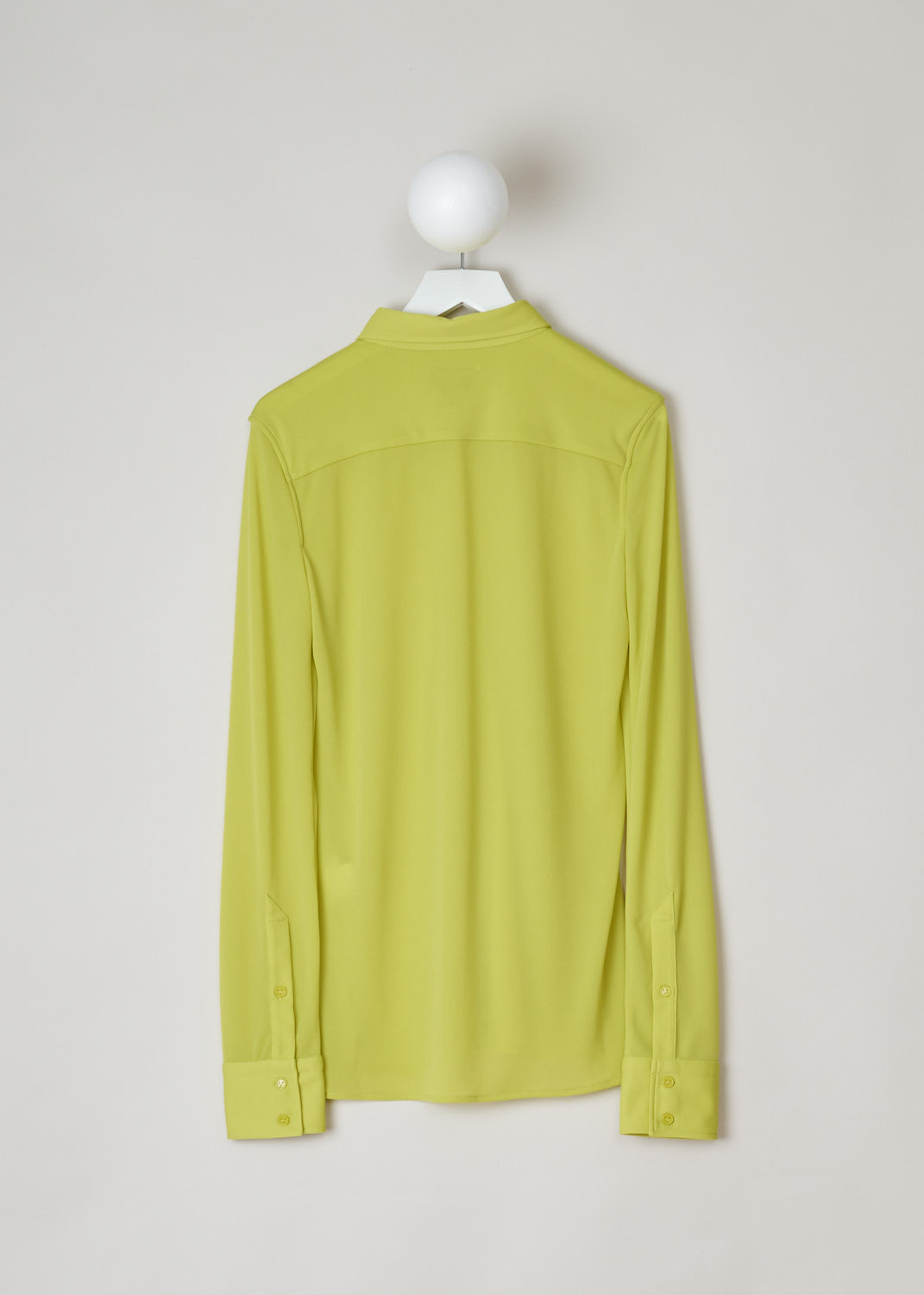 Bottega Veneta, See through yellow blouse, 636591_V0210_7275, yellow, back, Designed with a oversized fit in mind. Featuring a pointed collar, long cuffed sleeves with three buttons on them. And a straight hem with two short splits on the side seam. Keep in mind that the fabric is slightly see through.