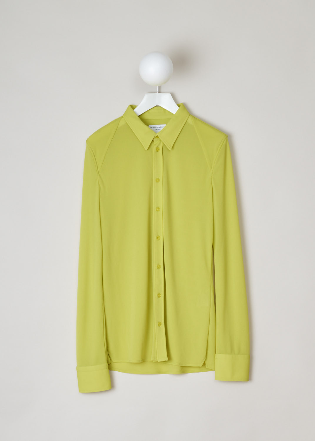 Bottega Veneta, See through yellow blouse, 636591_V0210_7275, yellow, front, Designed with a oversized fit in mind. Featuring a pointed collar, long cuffed sleeves with three buttons on them. And a straight hem with two short splits on the side seam. Keep in mind that the fabric is slightly see through.