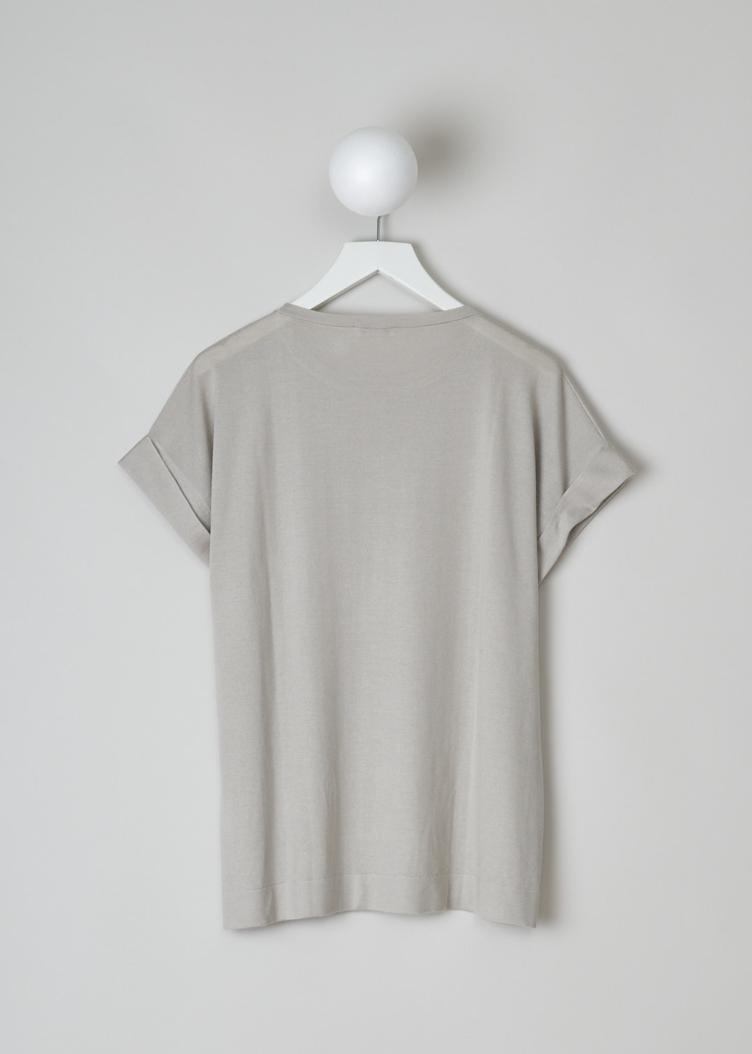 BRUNELLO CUCINELLI, GREY CASHMERE T-SHIRT, M13805900_C2428, Beige, Grey, Back, This pebble grey cashmere top has a round neckline and short folded sleeves. The top has a straight hemline. 
