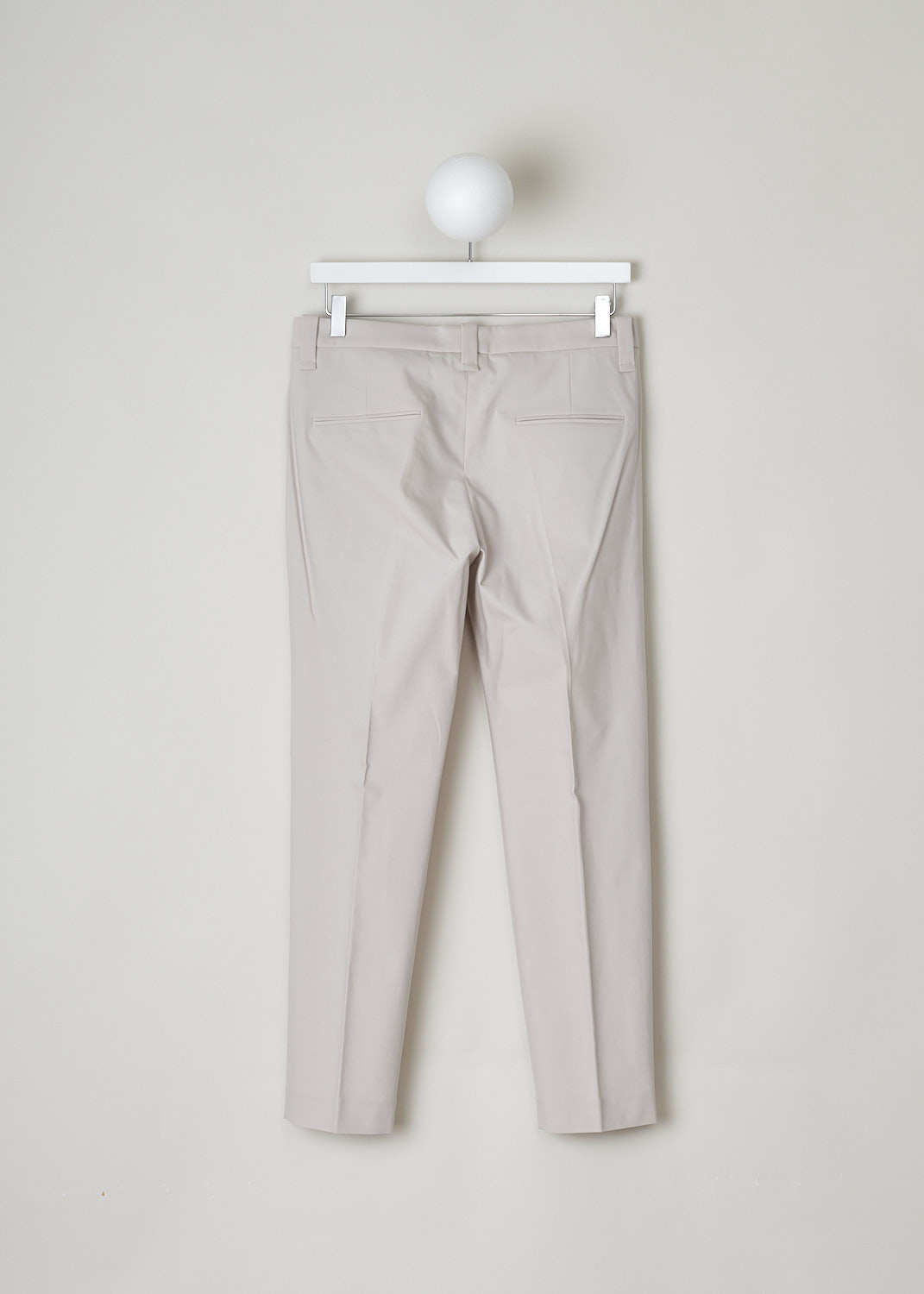 BRUNELLO CUCINELLI, BEIGE MID-RISE PANTS, M0F70P1995_C2837, Beige, Back, These beige mid-rise pants have a waistband with belt loops and a concealed clasp and zip closure. In the front, these pants have slanted pockets. In the back, two welt pocket can be found. Centre creases run along the length of the tapered leg.

