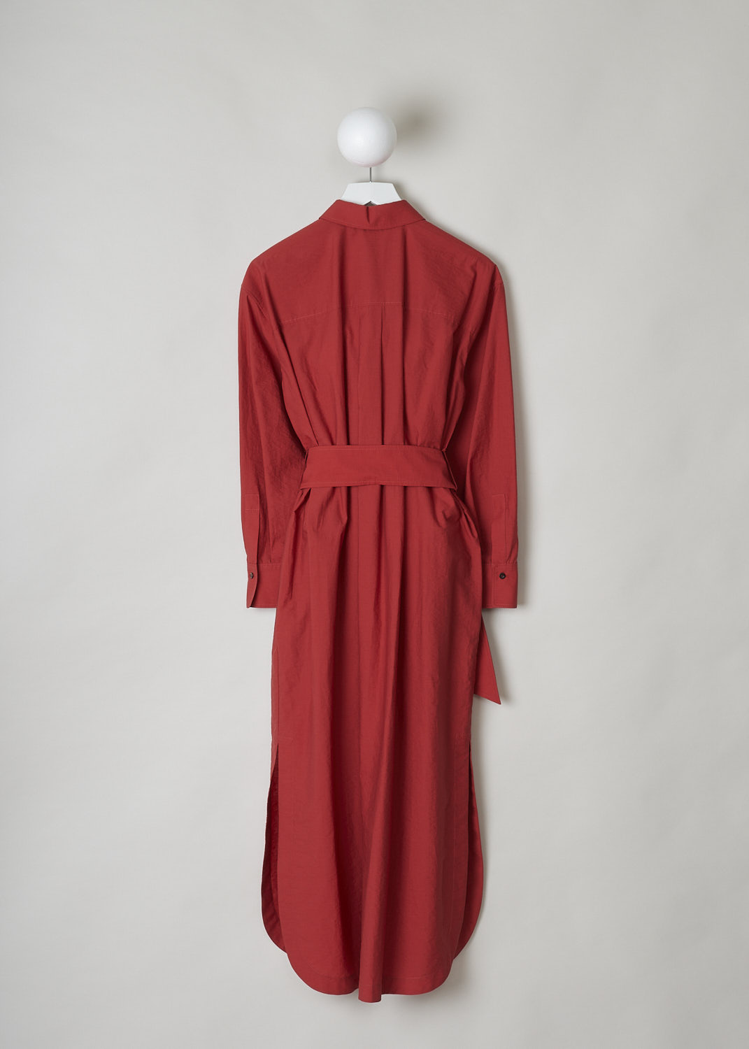 BRUNELLO CUCINELLI, RED SHIRT DRESS WITH MONILI TRIM, M0F79A4933_C2995, Red, Back, This red maxi dress has a classic collar and a concealed front button closure going down the length of the dress. The long sleeves have buttoned cuffs. The front of the dress is subtly decorated with a monili beaded trim. The detachable belt in the same fabric can be used to cinch in the waist. Slanted pockets are concealed in the side seam. In the back, a single box pleat can be found in the centre. 