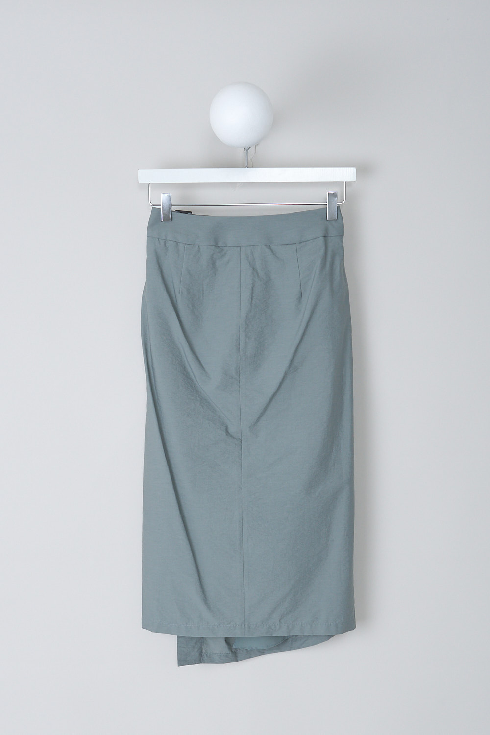 BRUNELLO CUCINELLI, PALE SAGE GREEN MIDI WRAP SKIRT, M0F79G2896_C7542, Green, Grey, Back, This pale sage green midi wrap skirt has a broad waistband with a build-in belt. Together with the belt, an inner button functions as the closure. The skirt has a pleated front and is fully lined.  
