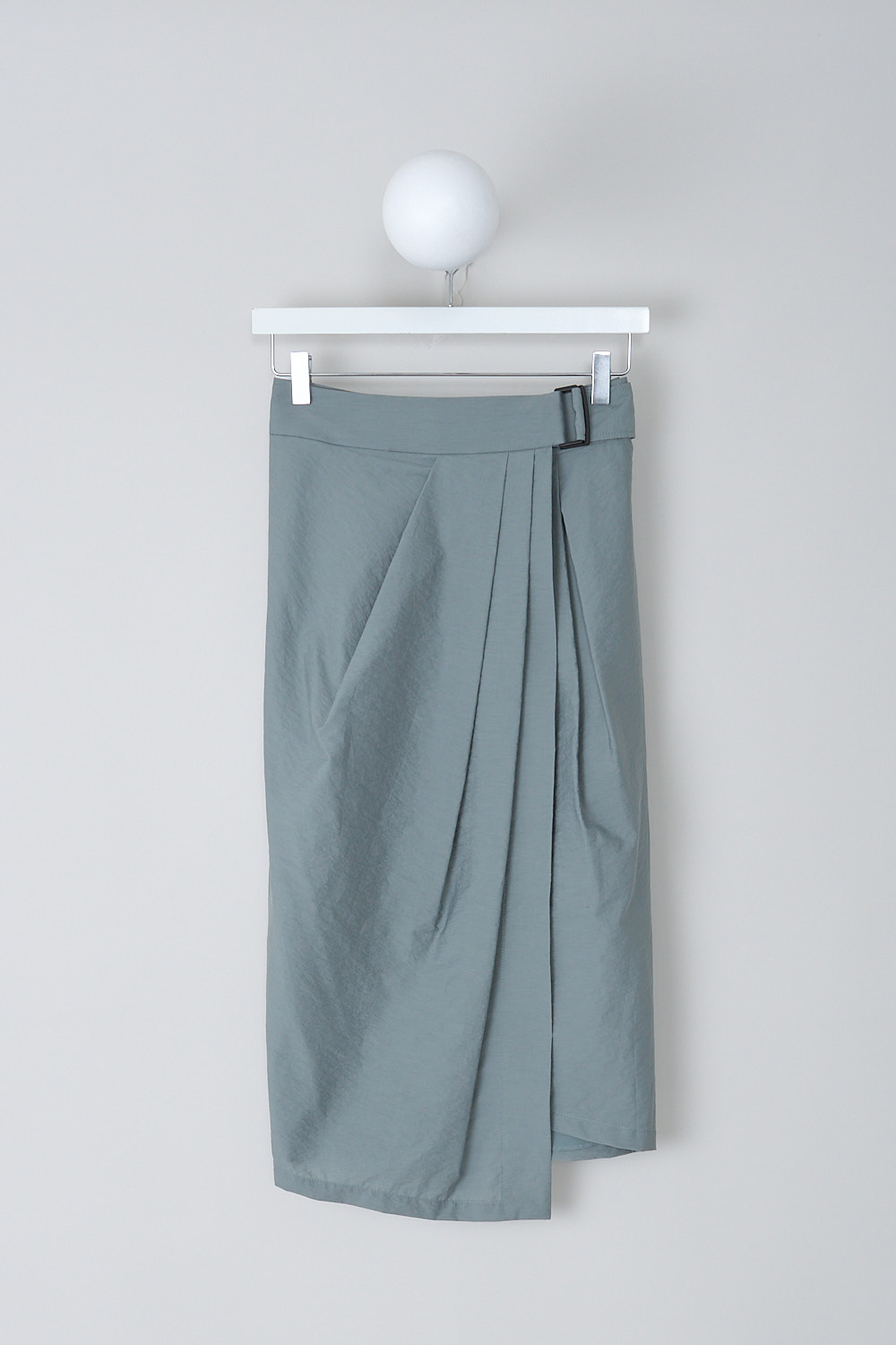 BRUNELLO CUCINELLI, PALE SAGE GREEN MIDI WRAP SKIRT, M0F79G2896_C7542, Green, Grey, Front, This pale sage green midi wrap skirt has a broad waistband with a build-in belt. Together with the belt, an inner button functions as the closure. The skirt has a pleated front and is fully lined.  
