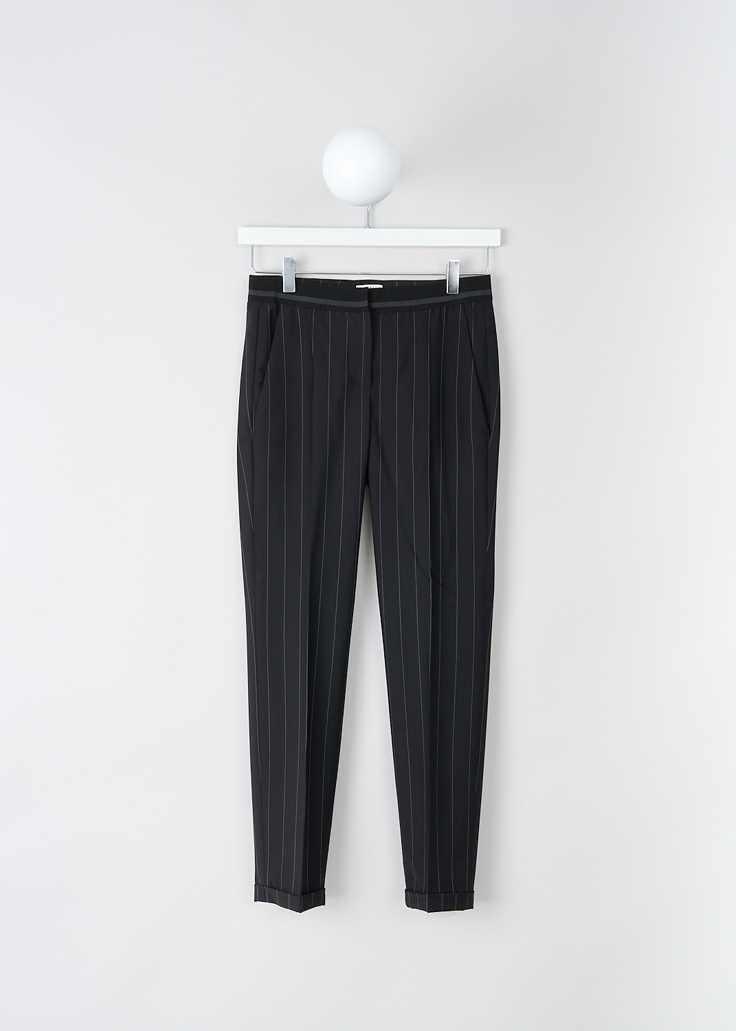 BRUNELLO CUCINELLI, BLACK TROUSERS WITH PINSTRIPE, M0H35P1500_C180, Black, Front, These black pinstripe pants are made of a wool blend. Featuring a partly elasticated waistline, forward slanted pockets in the front, and two buttoned welt pockets in the back. Along the length of the pant leg, centre creases can be found. These pants have a folded hem.