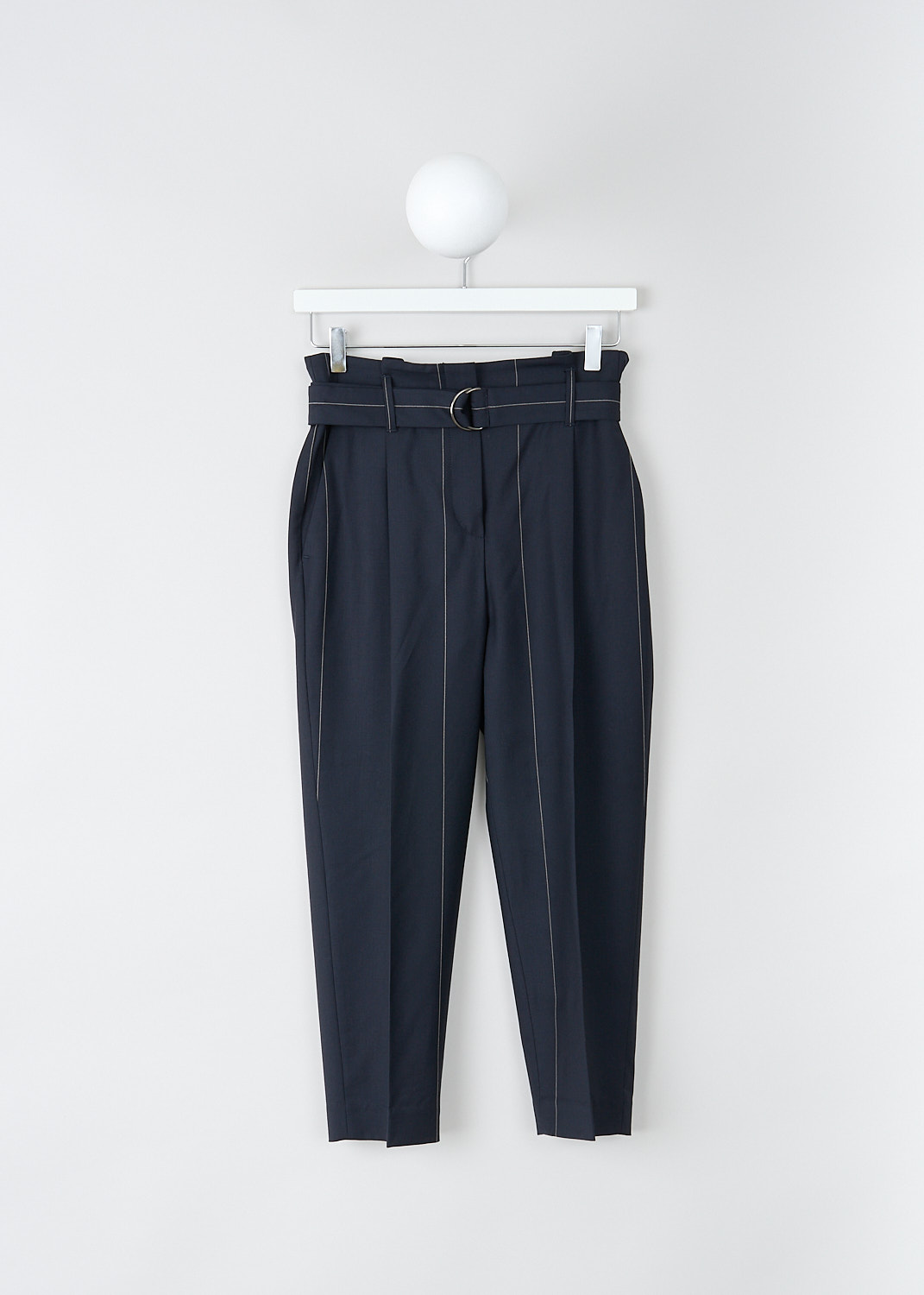 Brunello Cucinelli, Navy blue pants with white pinstripe, M0H36P6249_C6009, Blue, Print, Front, These navy blue pinstripe pants have a broad waistline with belt loops. These pants include a D-ring belt made in the same fabric. A concealed clasp and zipper functions as the closure option. The slightly tapered pant legs have centre creases. Slanted pockets can be found in the front and welt pockets in the back. 
