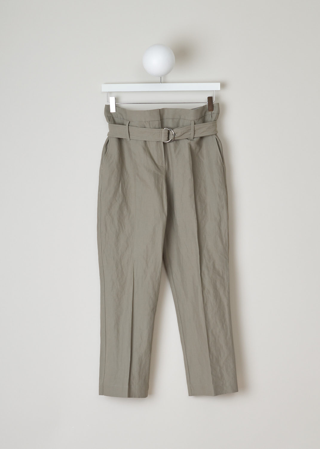 Brunello Cucinelli, khaki paperbag waist pants, M0H59P6542_C3673, green, front, High-waisted paperbag pants with a D-ring belt. The cropped length allows you to show off any shoe you wear. As a closure option, this model has a zipper with metal clip and backing buttons. At the front, these pants have two side pockets and two welt pockets at the back.