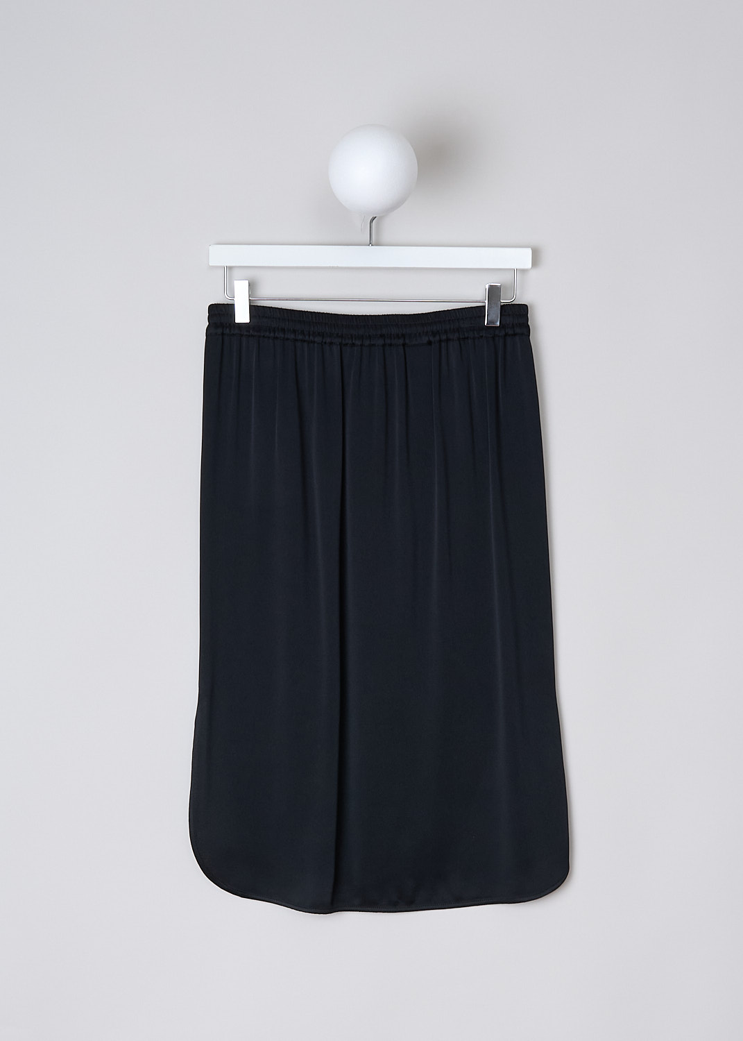 BRUNELLO CUCINELLI, SPORTY BLACK SATIN MIDI SKIRT, M0H60G2687_C101, Black, Back, This sporty black satin midi skirt has an elasticated waistband with a drawstring closure. Monili-beaded trim run down the side seams. The skirt has a rounded high-low hem, with the back being longer than the front.
