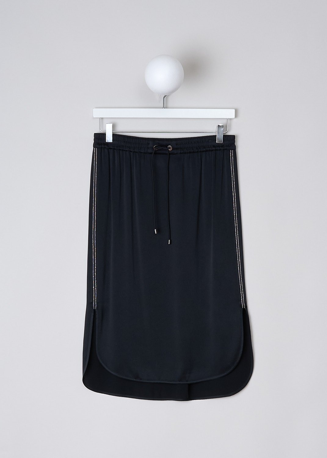 BRUNELLO CUCINELLI, SPORTY BLACK SATIN MIDI SKIRT, M0H60G2687_C101, Black, Front, This sporty black satin midi skirt has an elasticated waistband with a drawstring closure. Monili-beaded trim run down the side seams. The skirt has a rounded high-low hem, with the back being longer than the front.
