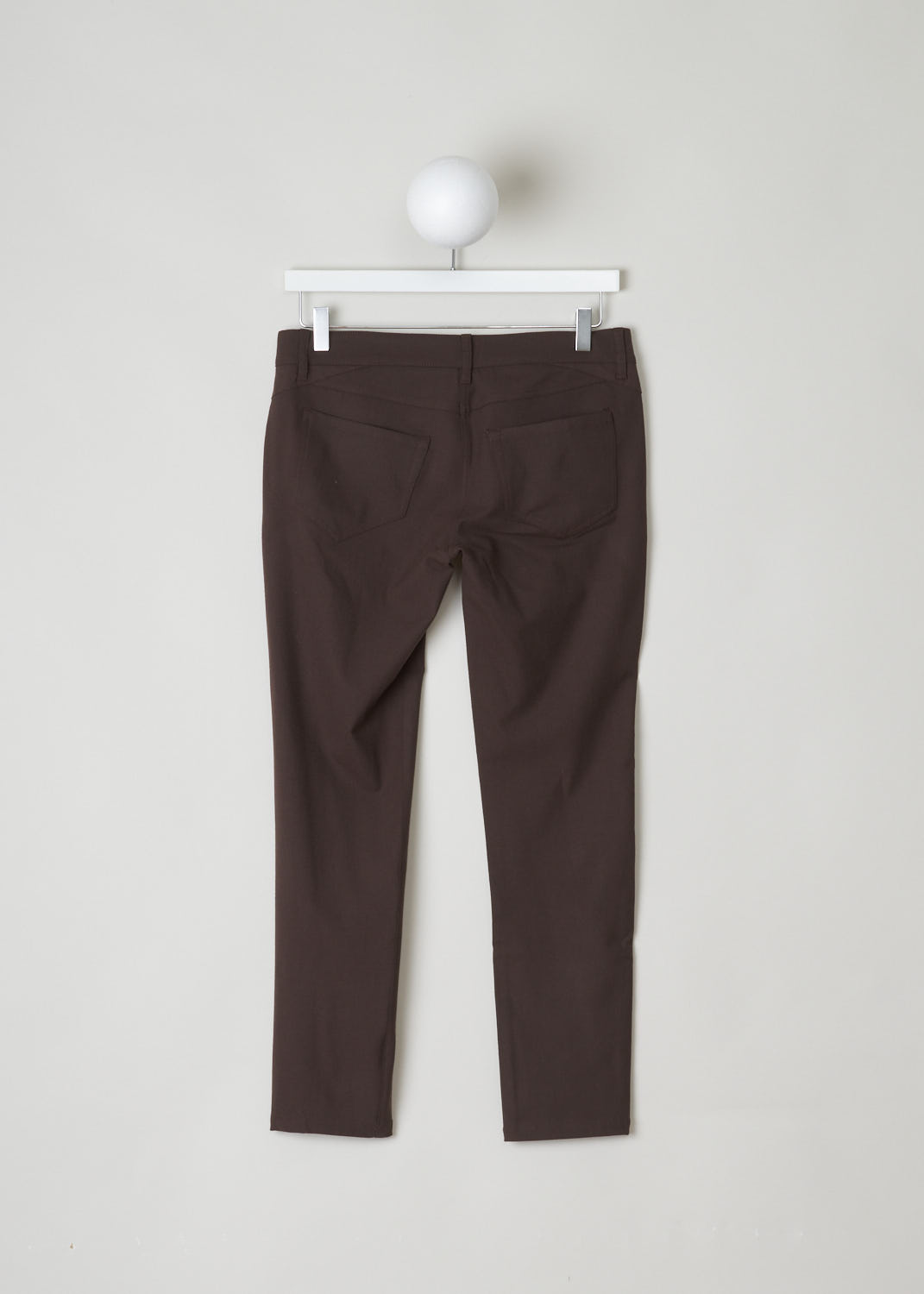 BRUNELLO CUCINELLI, BROWN WOOL PANTS, M0L15P1790_C2630, Brown, Back, Form fitting brown pants made with a wool blend. These pants have a waistband with belt loops. The closure option on these pants is a single button and a concealed zipper. These pants have a traditional five pocket configuration, meaning in the front there are two rounded pockets and a single coin pocket, and two pockets in the back.
