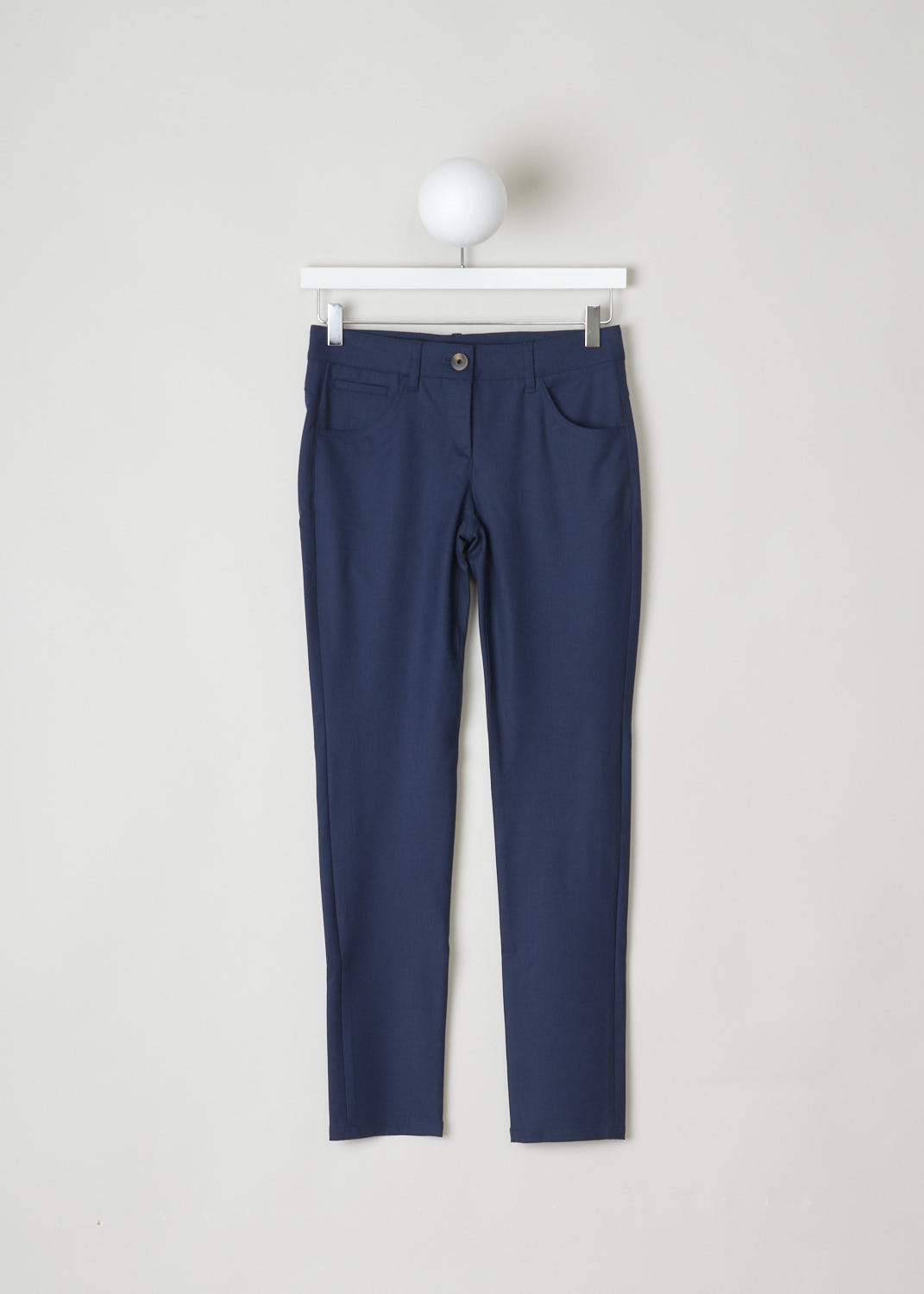 BRUNELLO CUCINELLI, NAVY BLUE WOOL PANTS, M0L15P1790_C2632, Blue, Front, Form fitting dark blue pants made with a wool blend. These pants have a waistband with belt loops and a single button and concealed zipper closure. These pants have a traditional five pocket configuration, meaning in the front there are two rounded pockets and a single coin pocket, and two pockets in the back.
