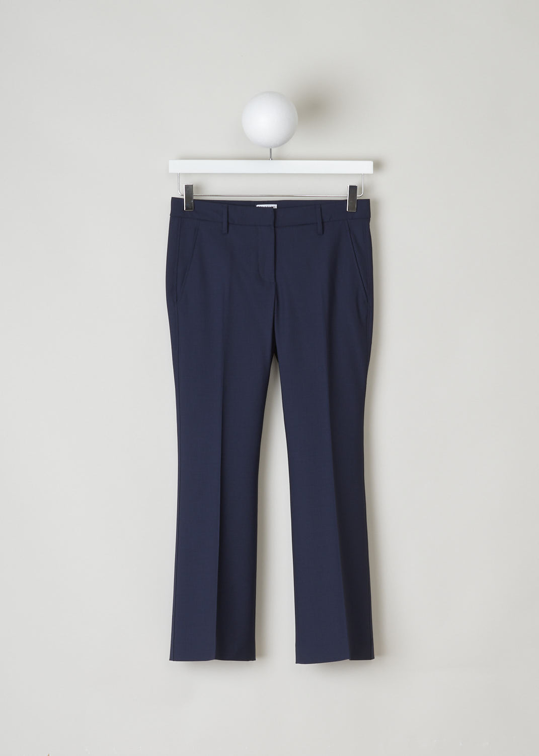 BRUNELLO CUCINELLI, NAVY BLUE STRAIGHT LEG TROUSERS, M0W07P1951_C2831, Blue, Front, Navy blue pants, featuring a flat front model. This low-cut model has a cropped length, slanted pockets in the front and two welt pockets in the back. Fastening option on this model is a zipper, a metal clip and a backing button. 
