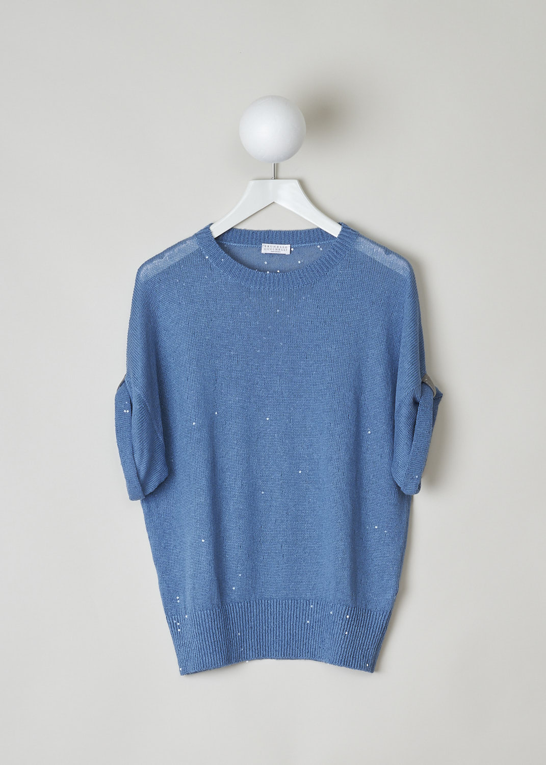 BRUNELLO CUCINELLI, LIGHT BLUE SWEATER WITH SEQUINS, M10552300_C9402, Blue, Front, This short sleeve light blue sweater has sequins sewn-in throughout. The round neckline, cuffs and hemline have a ribbed finish. The short sleeves are folded and held in place with a monilli decorated strap.
